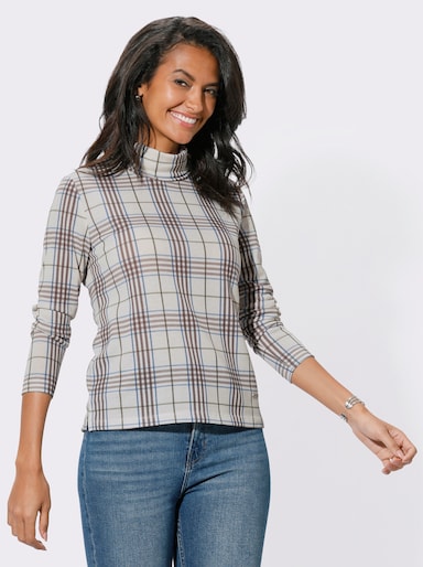 Langarmshirt mit halsfernem Rollkragen - champagner-dunkeltaupe-kariert