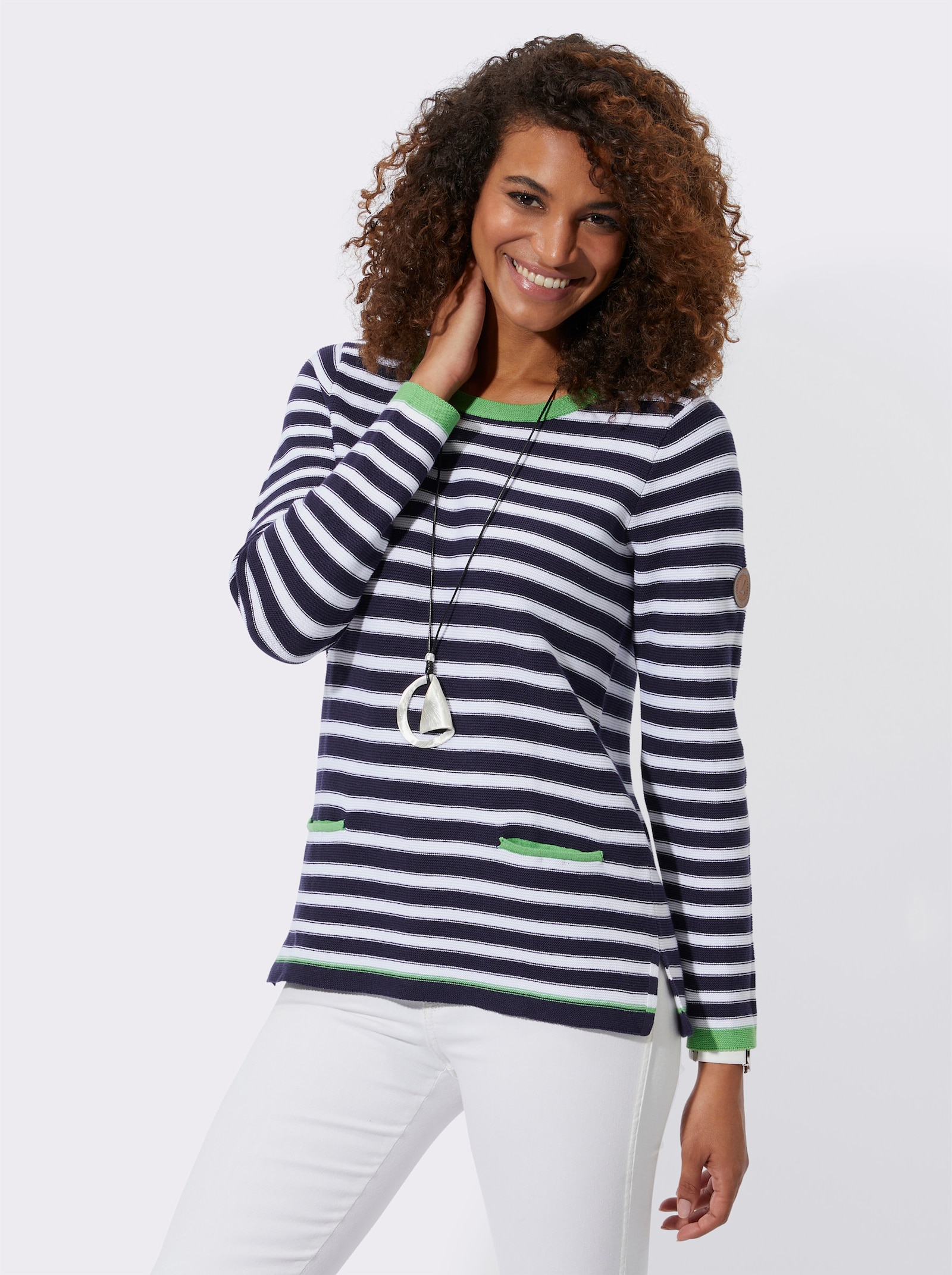 Pulóver s kontrast. detailmi, pruhy - Pruhovanie: námornícka modrá – biela