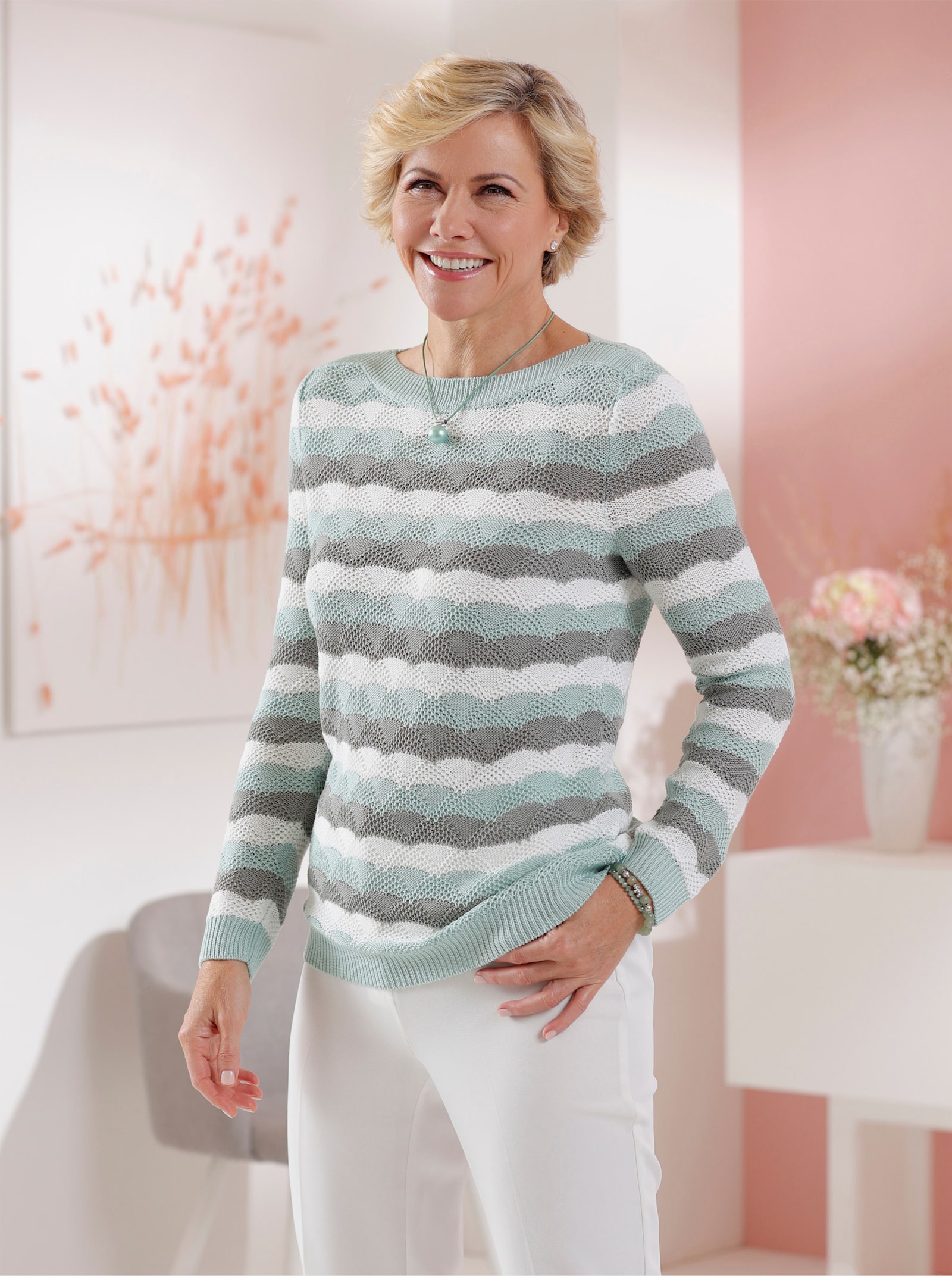 Langarm-Pullover mit Einstrickmuster - kalkmint-steingrau-geringelt