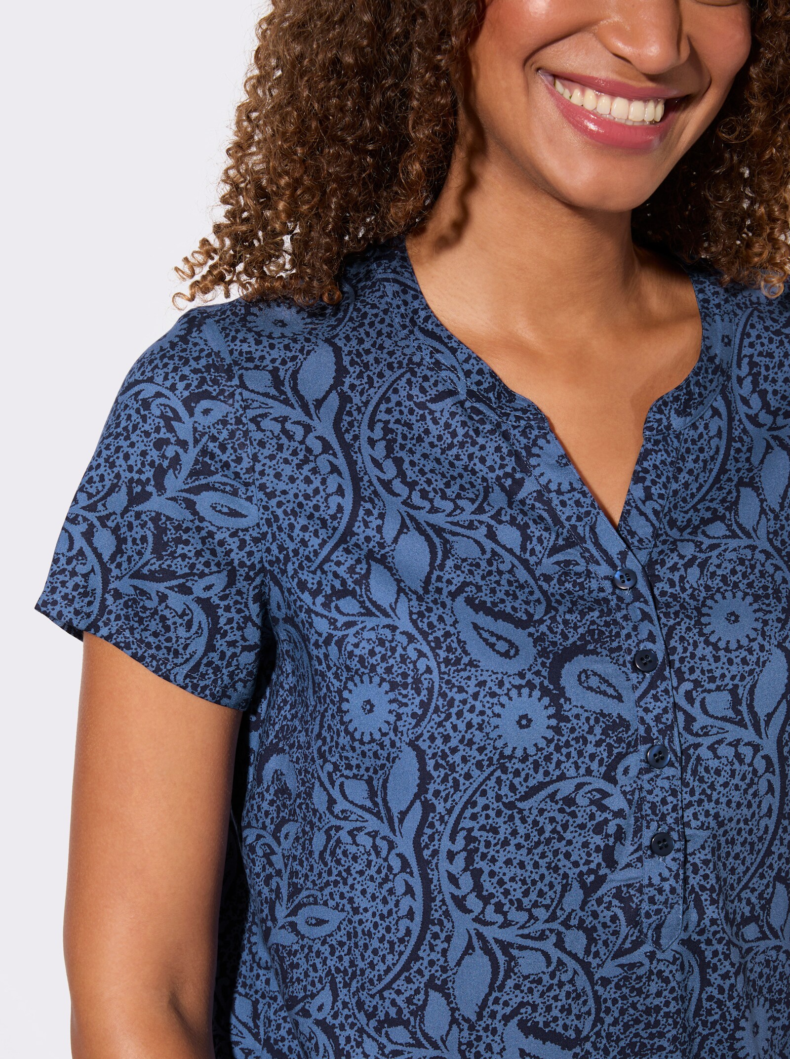 Schlupfbluse aus reiner Viskose - jeansblau-marine-bedruckt
