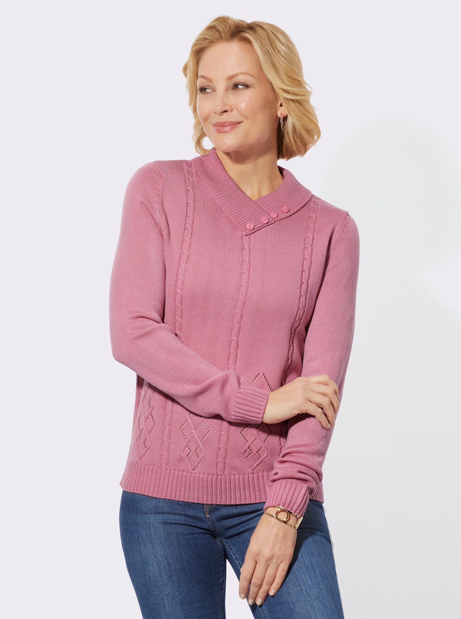 Pullover met V-hals en sierknopen - oudroze