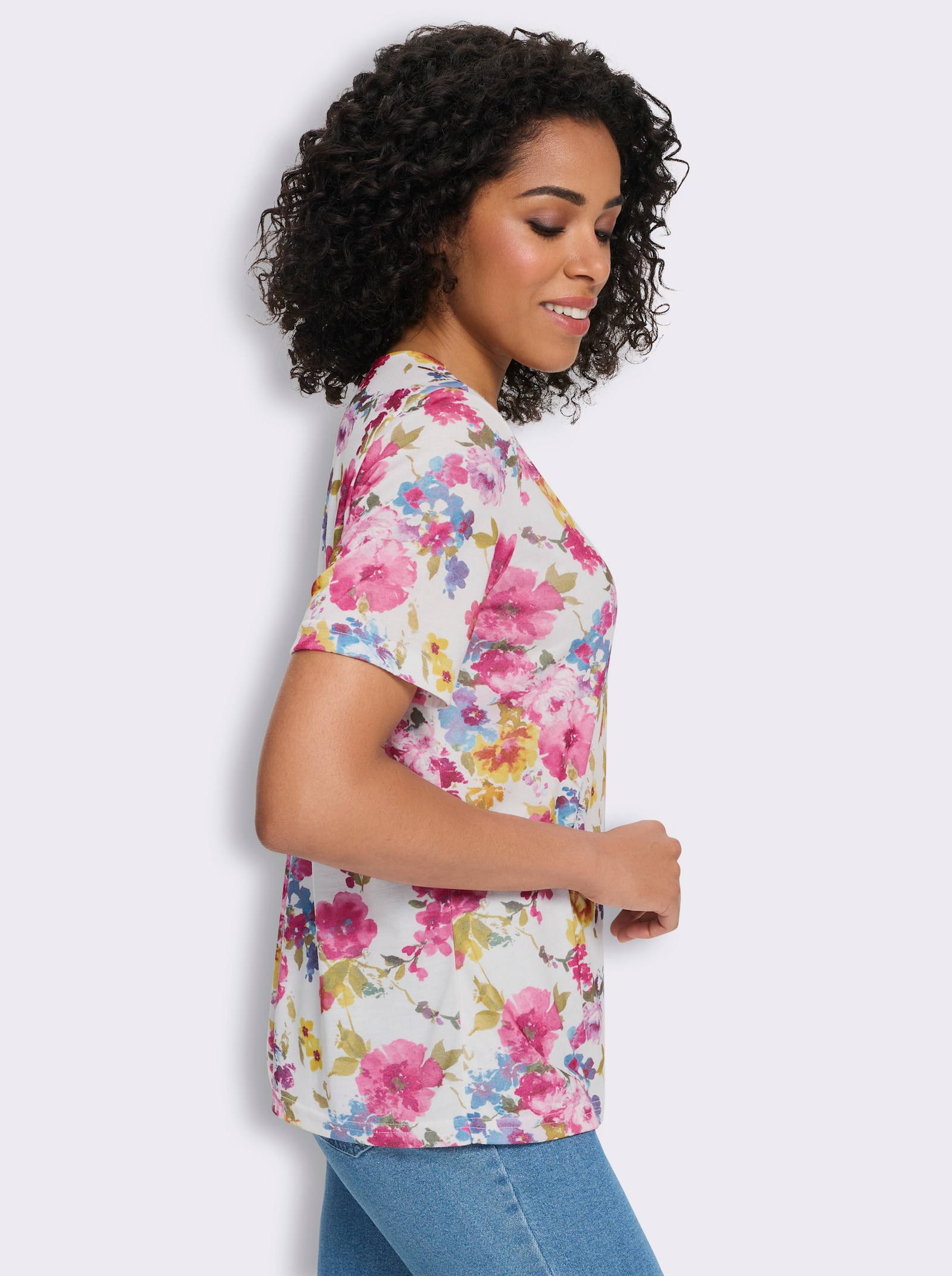 Shirt met ronde hals en bloemetjesprint rondom - wit/fuchsia geprint