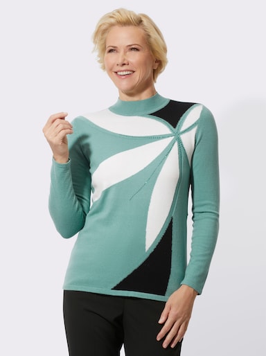 Stehkragenpullover mit Intarsienmuster - salbei-ecru-gemustert