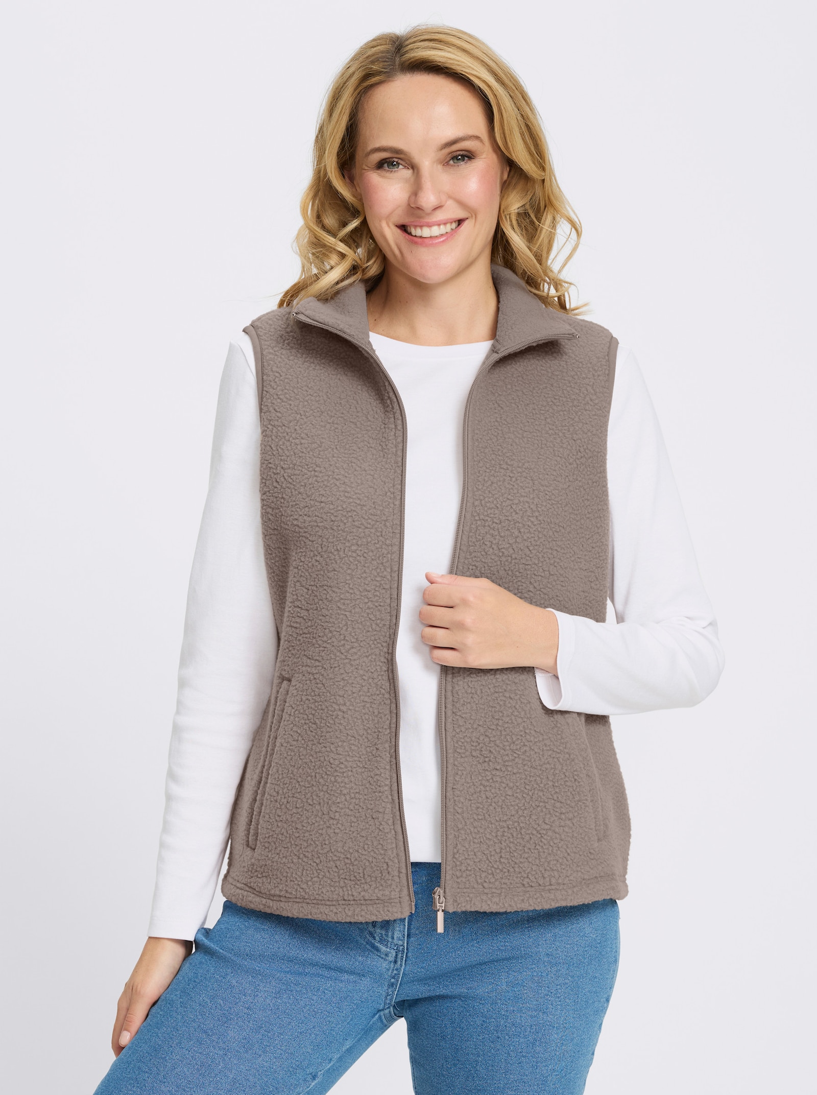 Fleeceweste mit Stehkragen - taupe