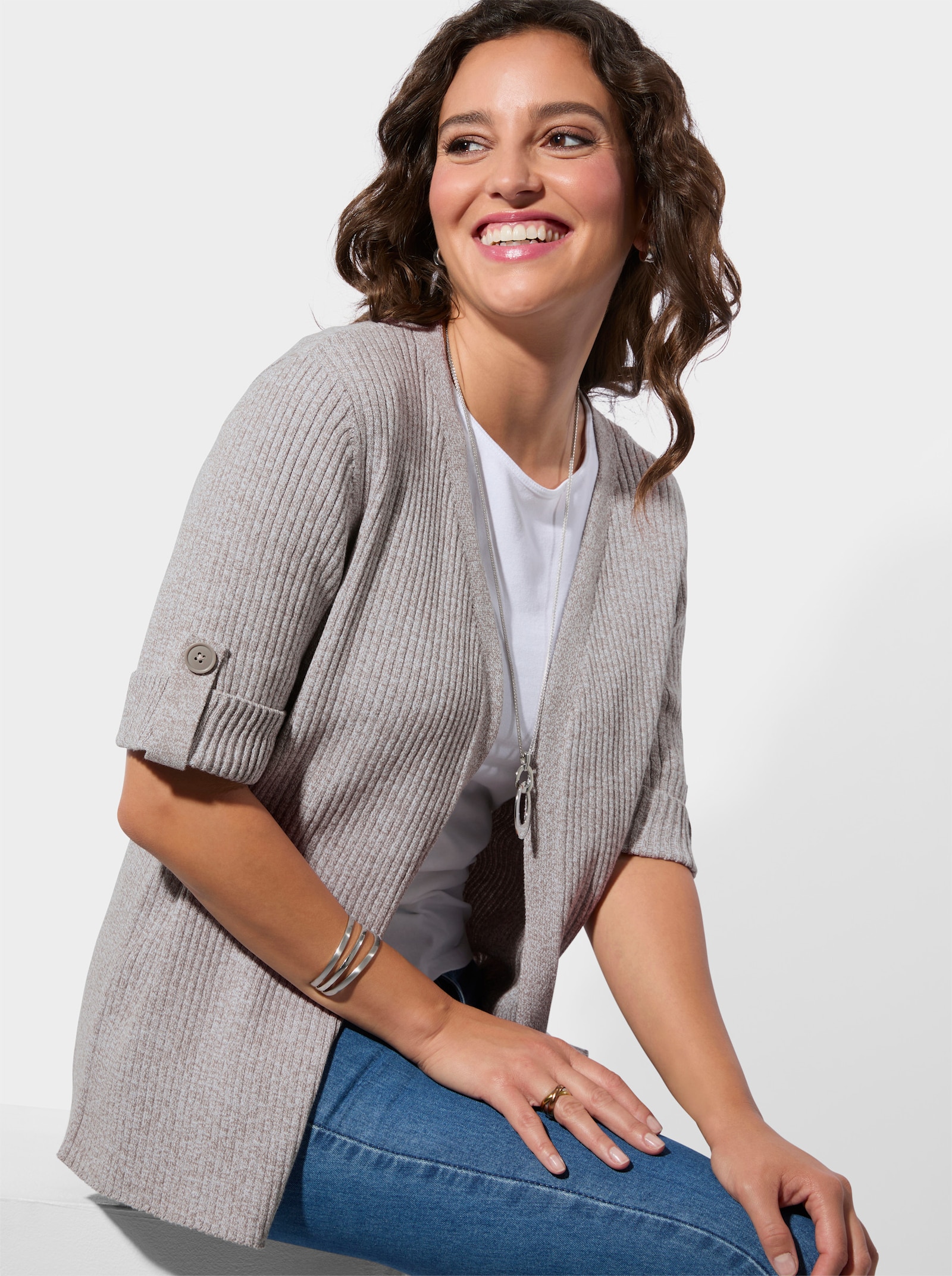 Vest van gemêleerd garen, onderhoudsarm - taupe/wit gemêleerd