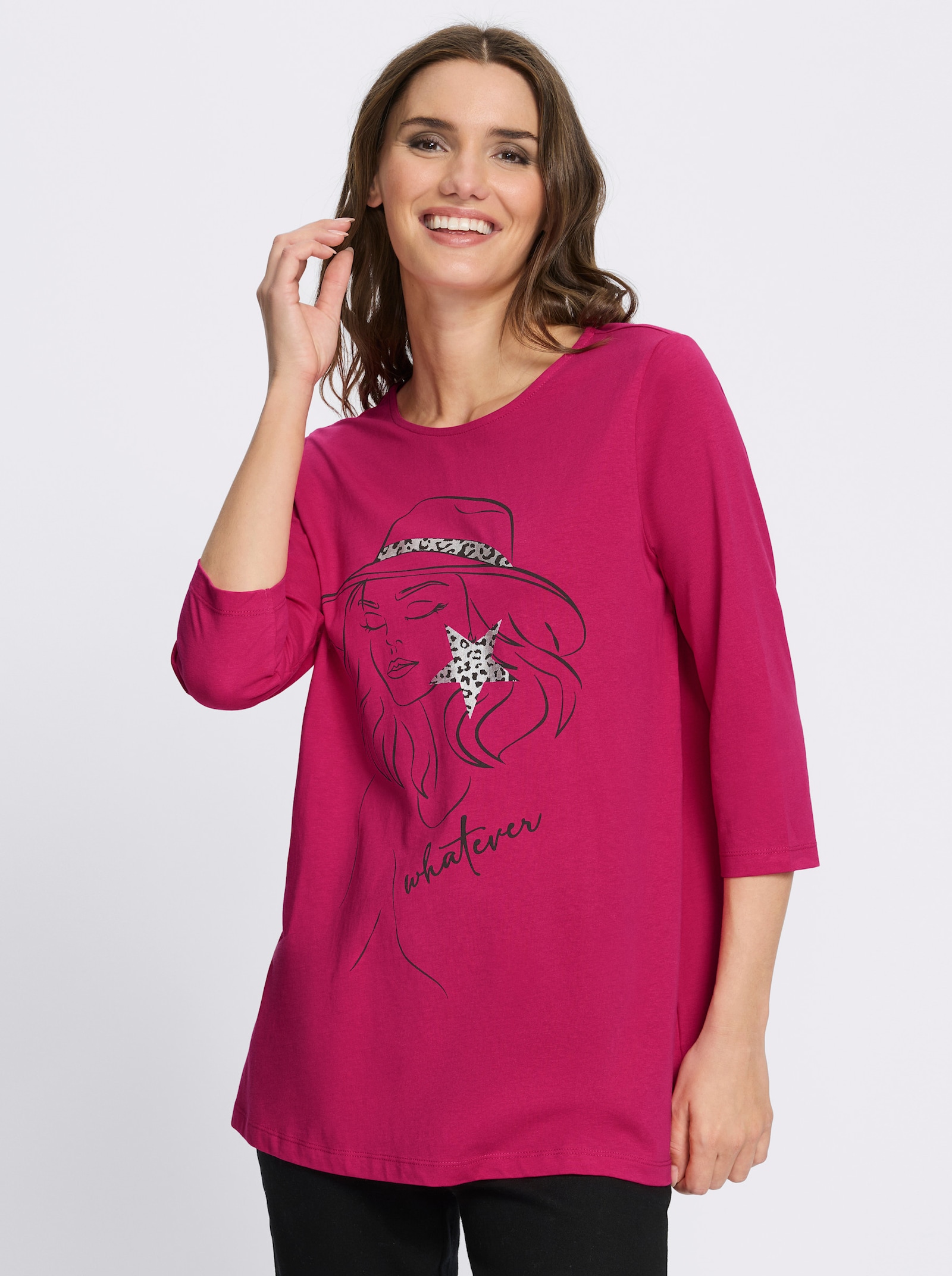 Longshirt mit Folien-Print vorne - pink-schwarz