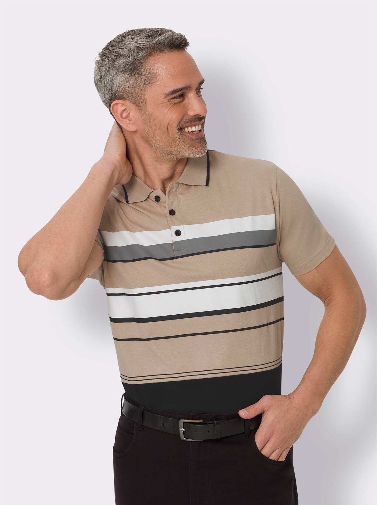 Kurzarm-Poloshirt - beige-schwarz