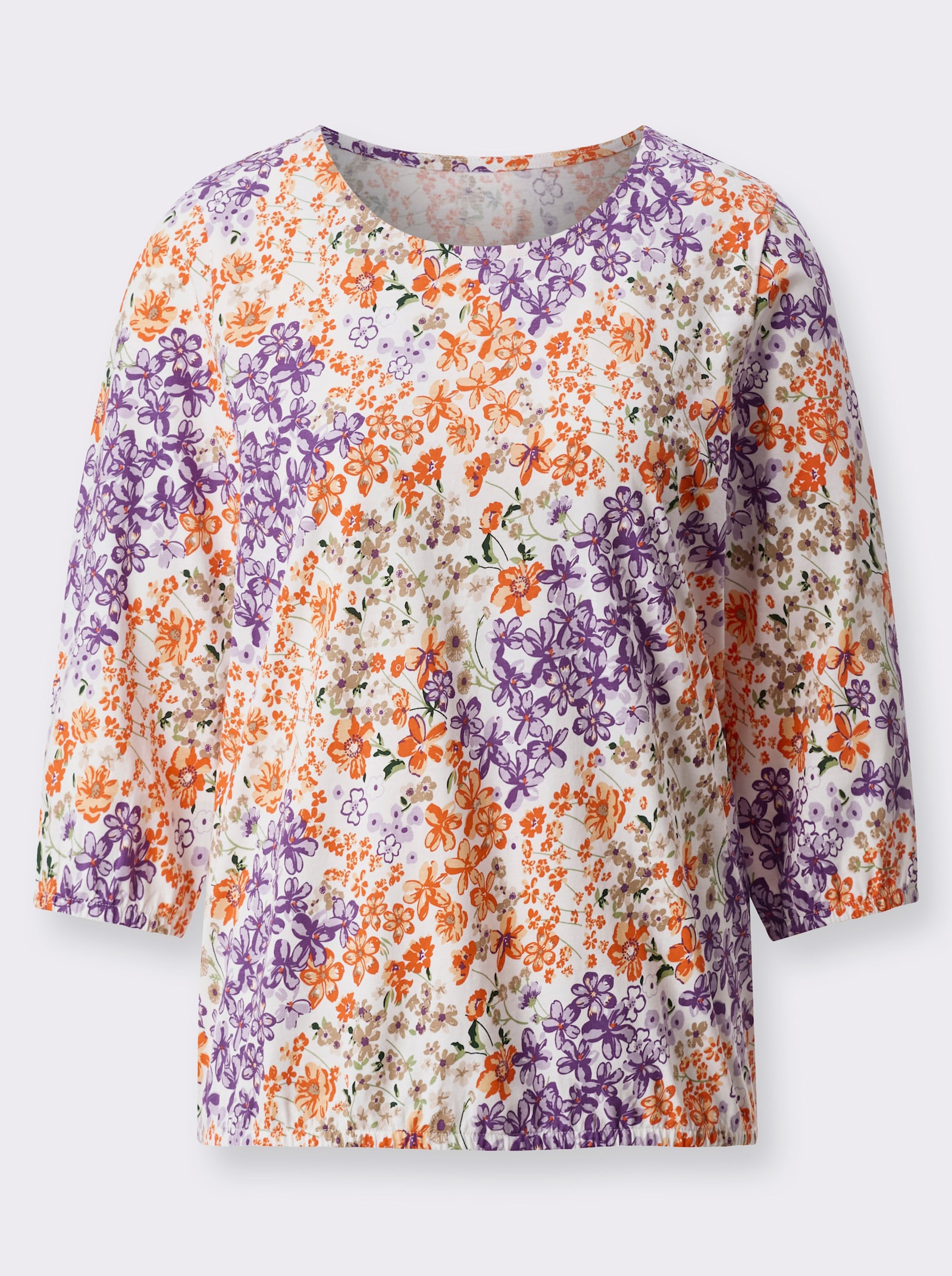 Småblommig topp med trekvartsärm - ecru-lila-med tryck