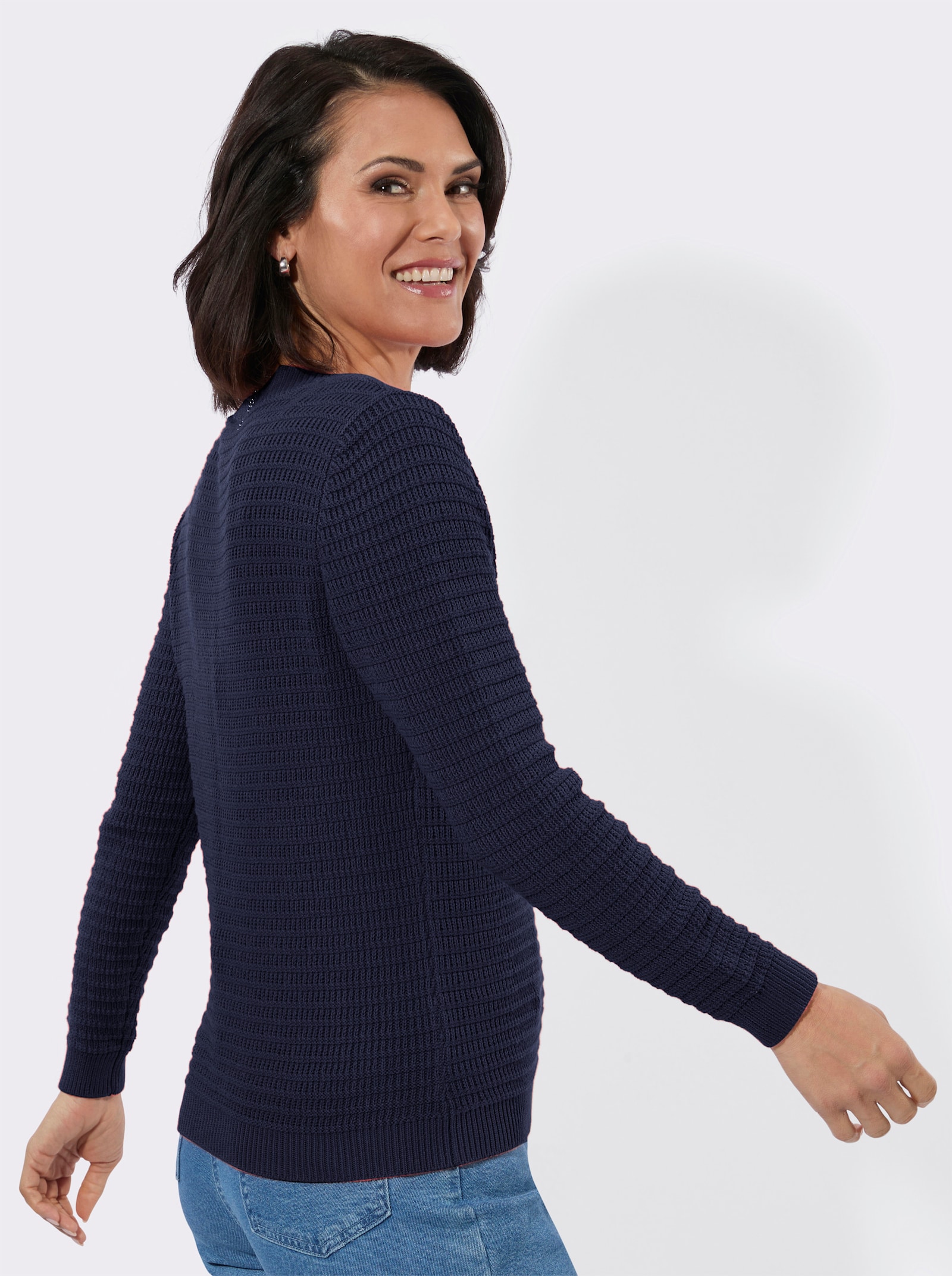 V-Ausschnitt-Pullover mit geripptem Saum - marine