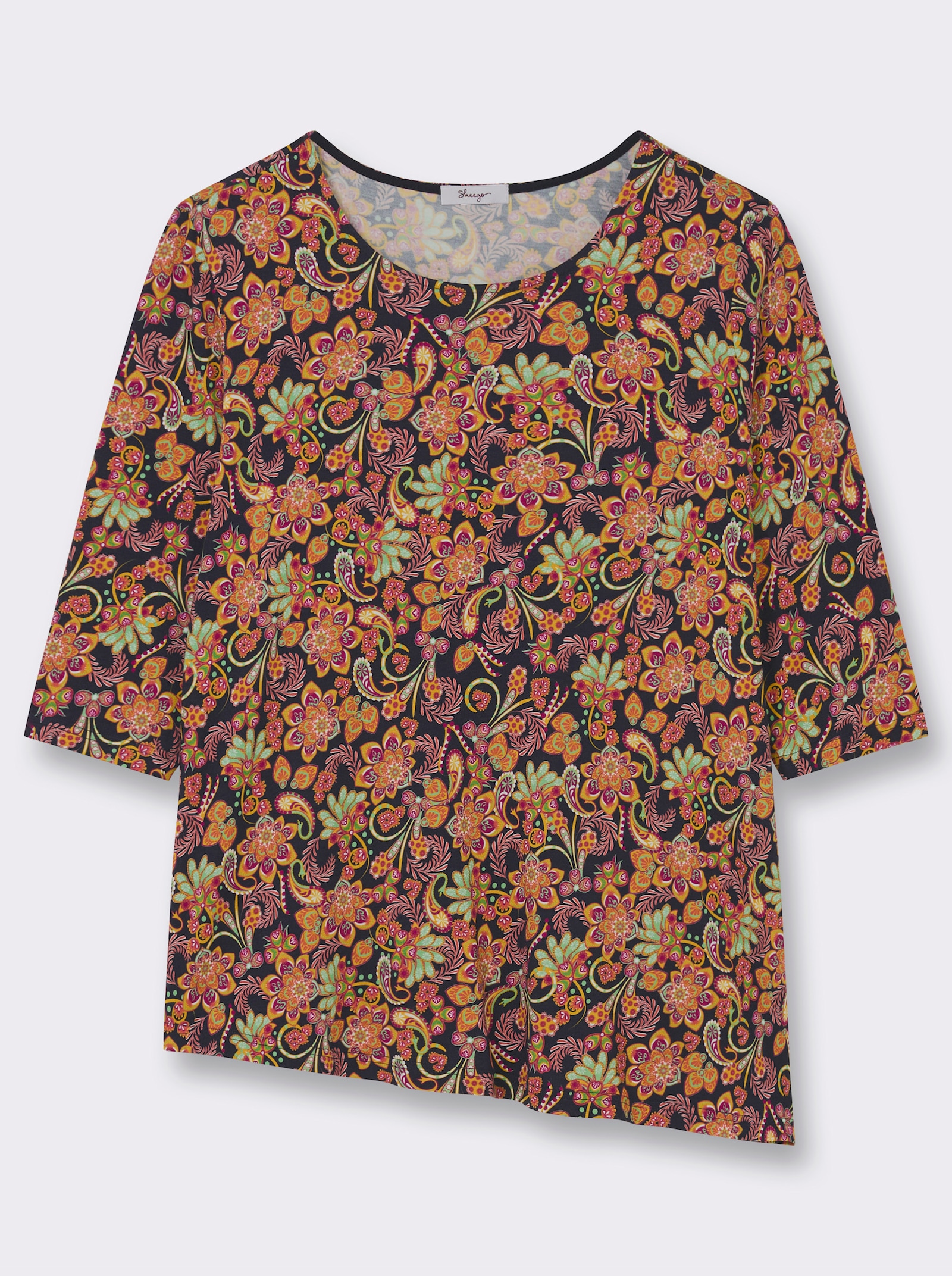 sheego 3/4-Arm-Shirt mit asymmetrischem Saum - ocker-tiefblau-bedruckt