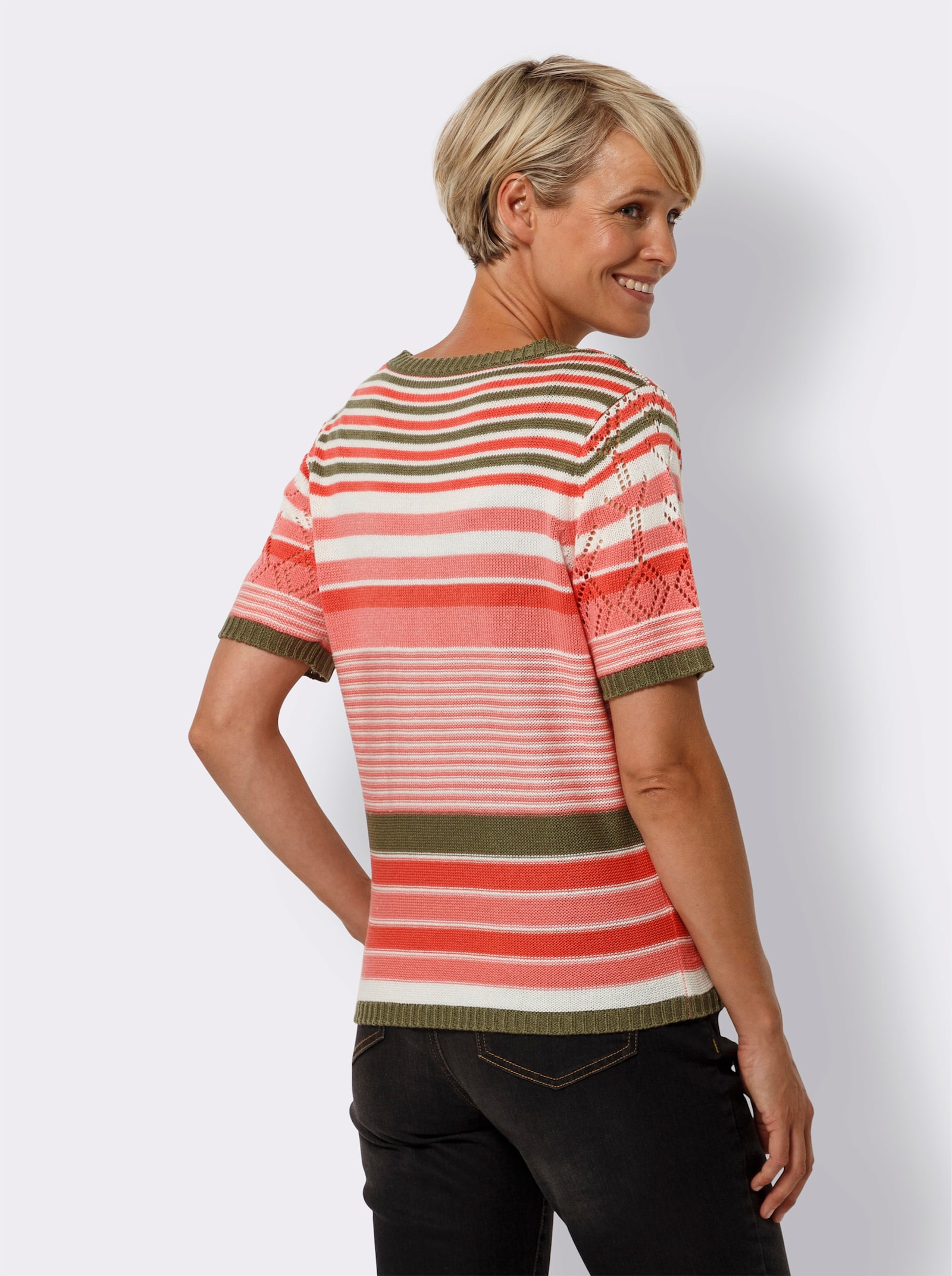 Ažúrový pulóver s pruh. vzorom - Grapefruitovo-kaki pásikovaná