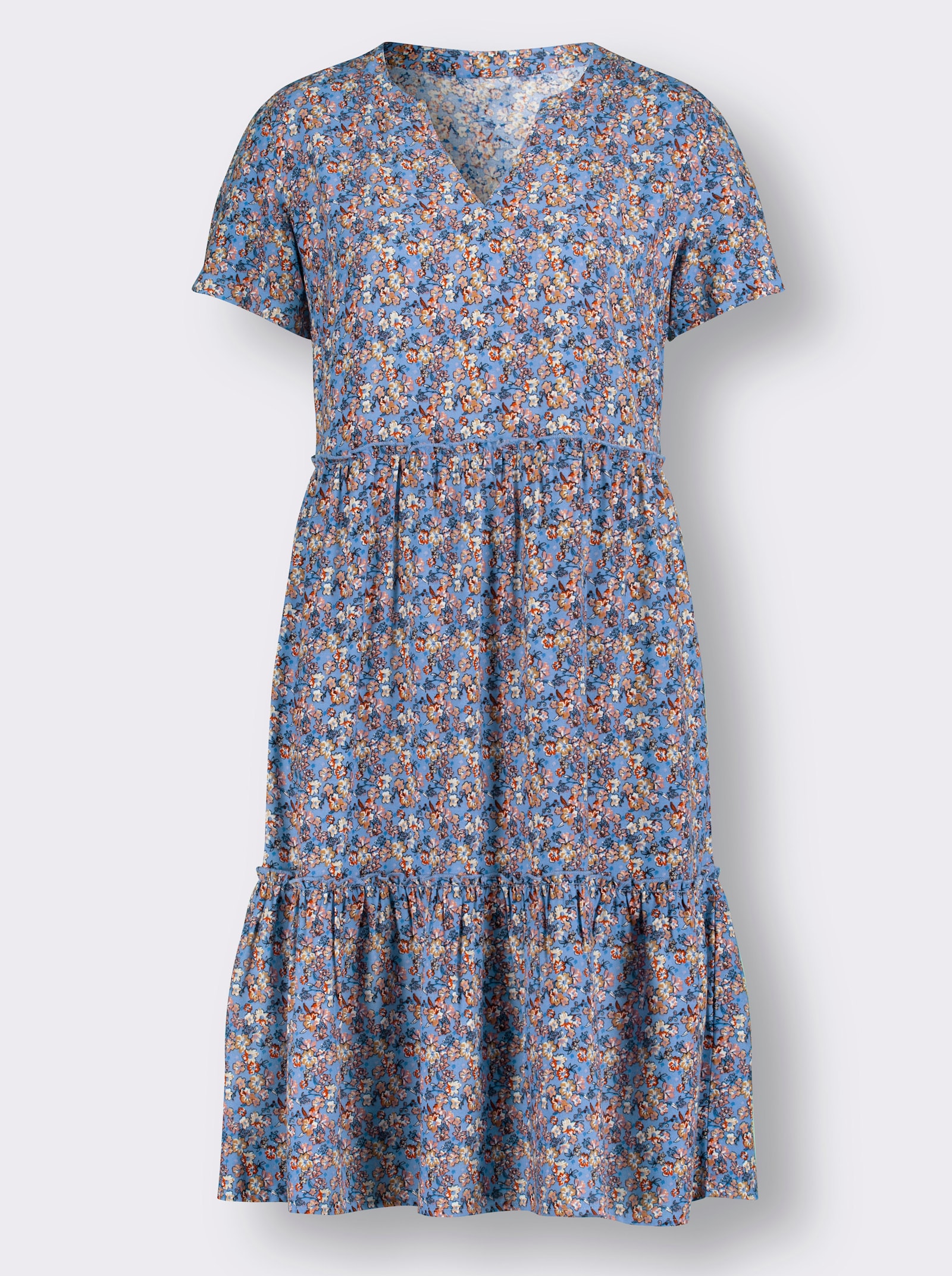 Druckkleid in Stufenform - mittelblau-camel-bedruckt