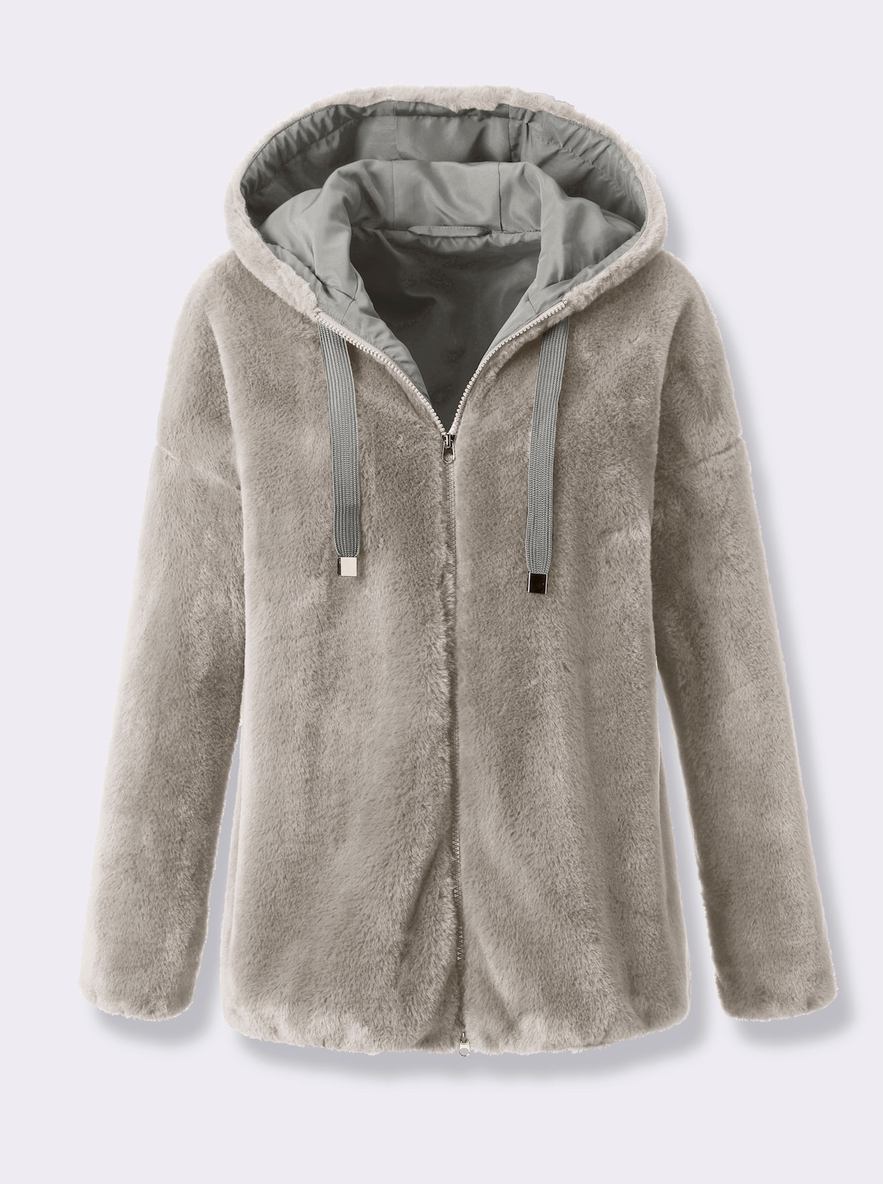 Fellimitatjacke mit Gummizug an Ärmeln und Saum - hellgrau
