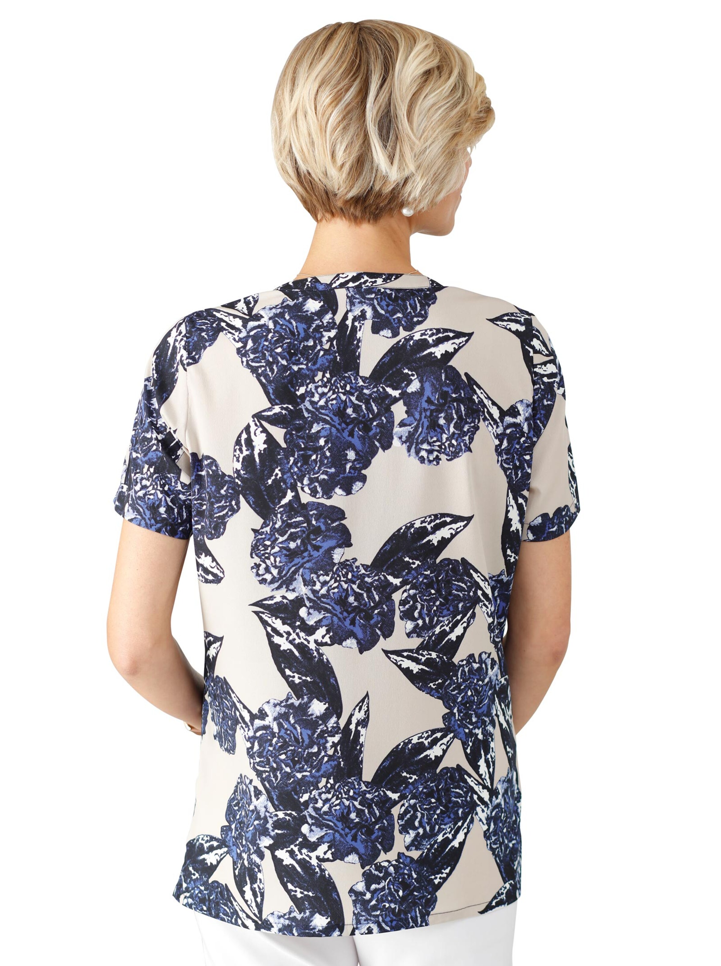 Schlupfbluse - beige-blau-bedruckt