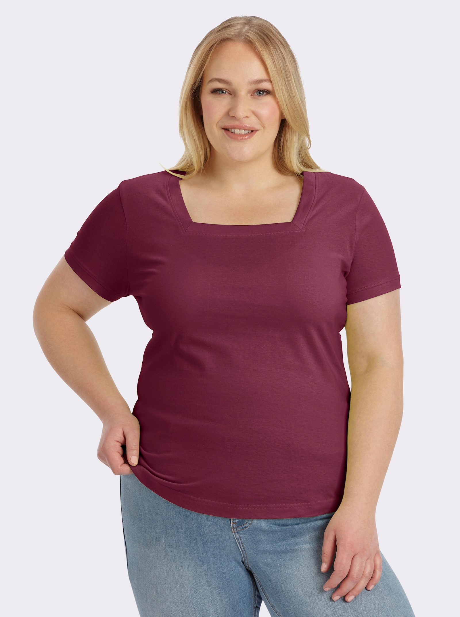 Kurzarmshirt mit Karree-Ausschnitt - bordeaux