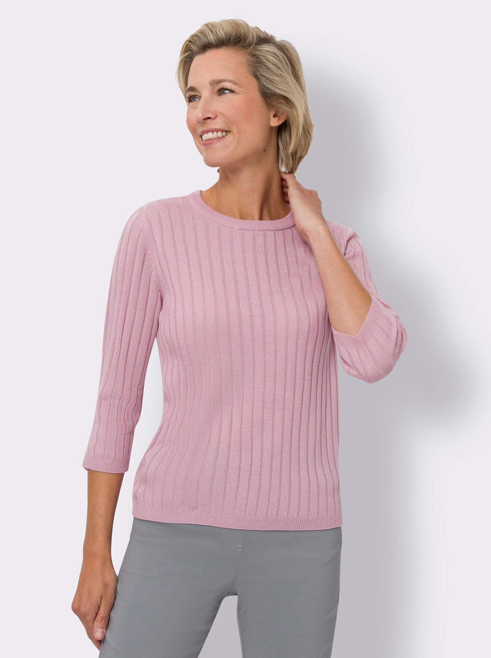 Pullover met 3/4-mouwen en ribpatroon rondom - roze