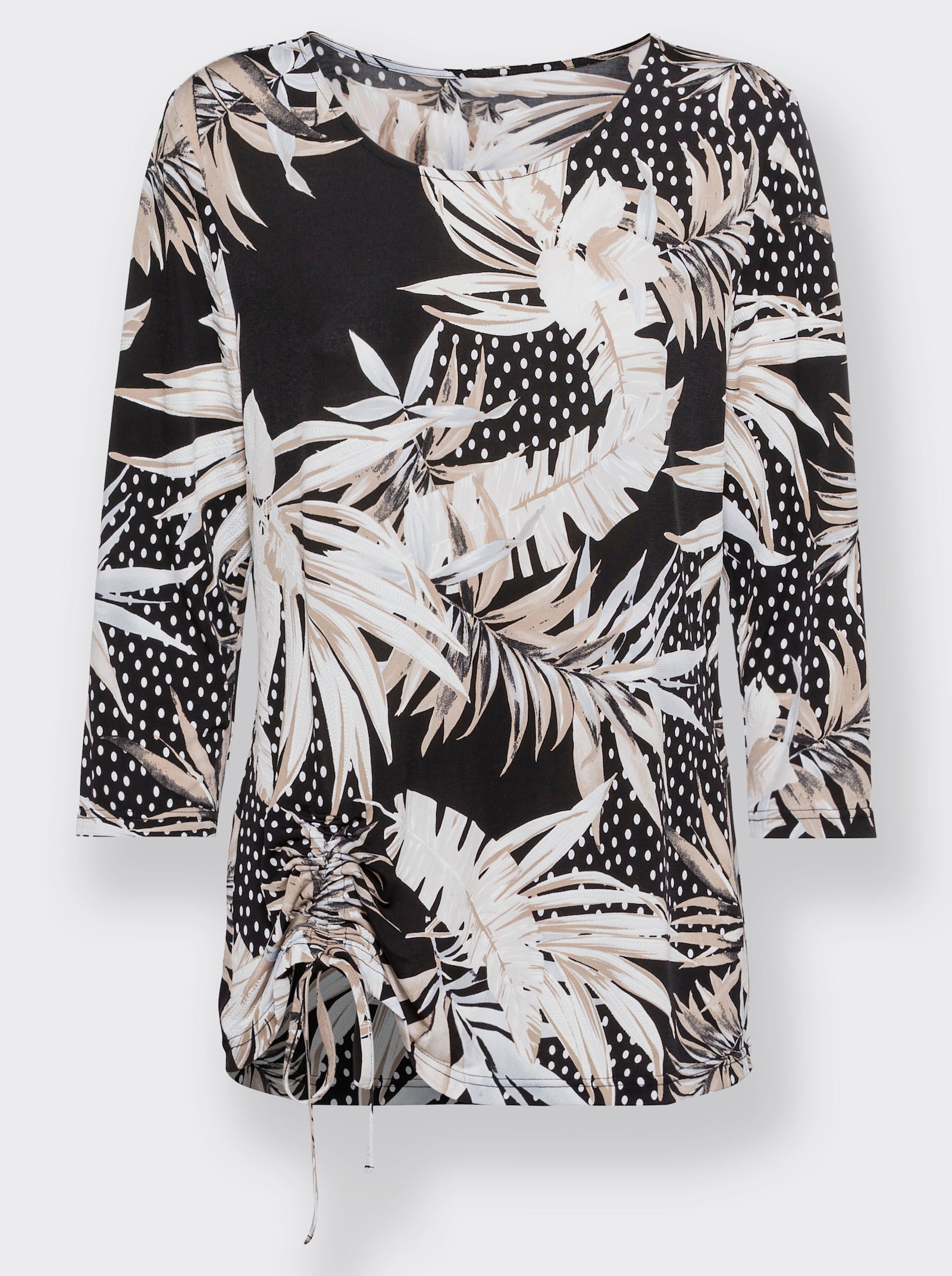 Print-Shirt mit raffbarem Tunnelzug - schwarz-sesam-bedruckt