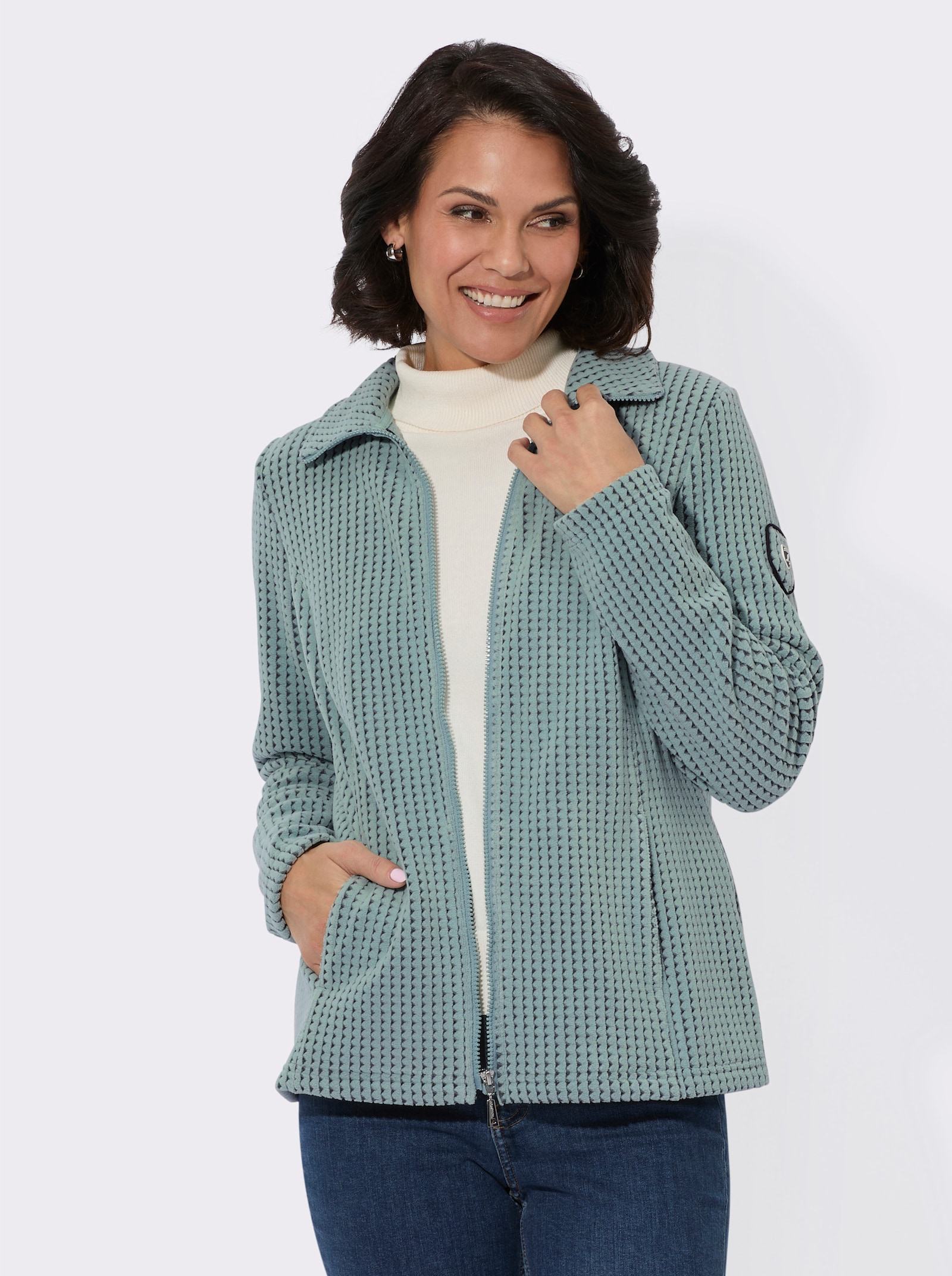 Fleecejacke im Jacquard-Dessin - kalkmint-schwarz