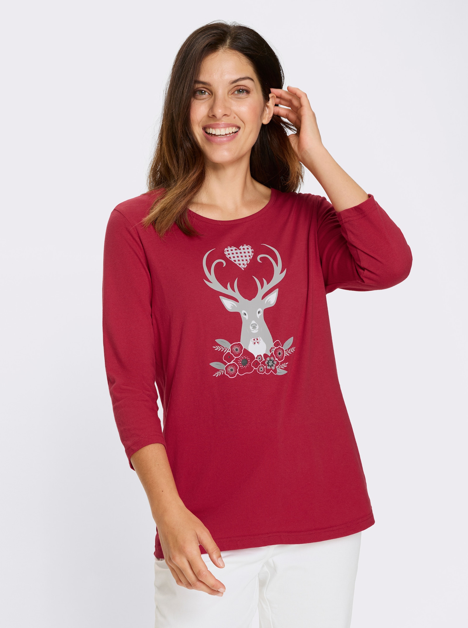 Shirt met 3/4-mouwen en hertenmotief - rood/wit geprint