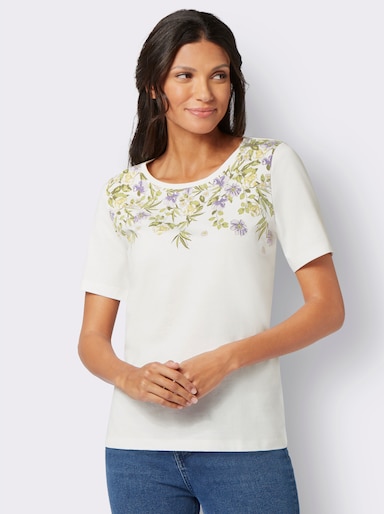 Kurzarmshirt mit platziertem Floral-Muster - ecru-flieder