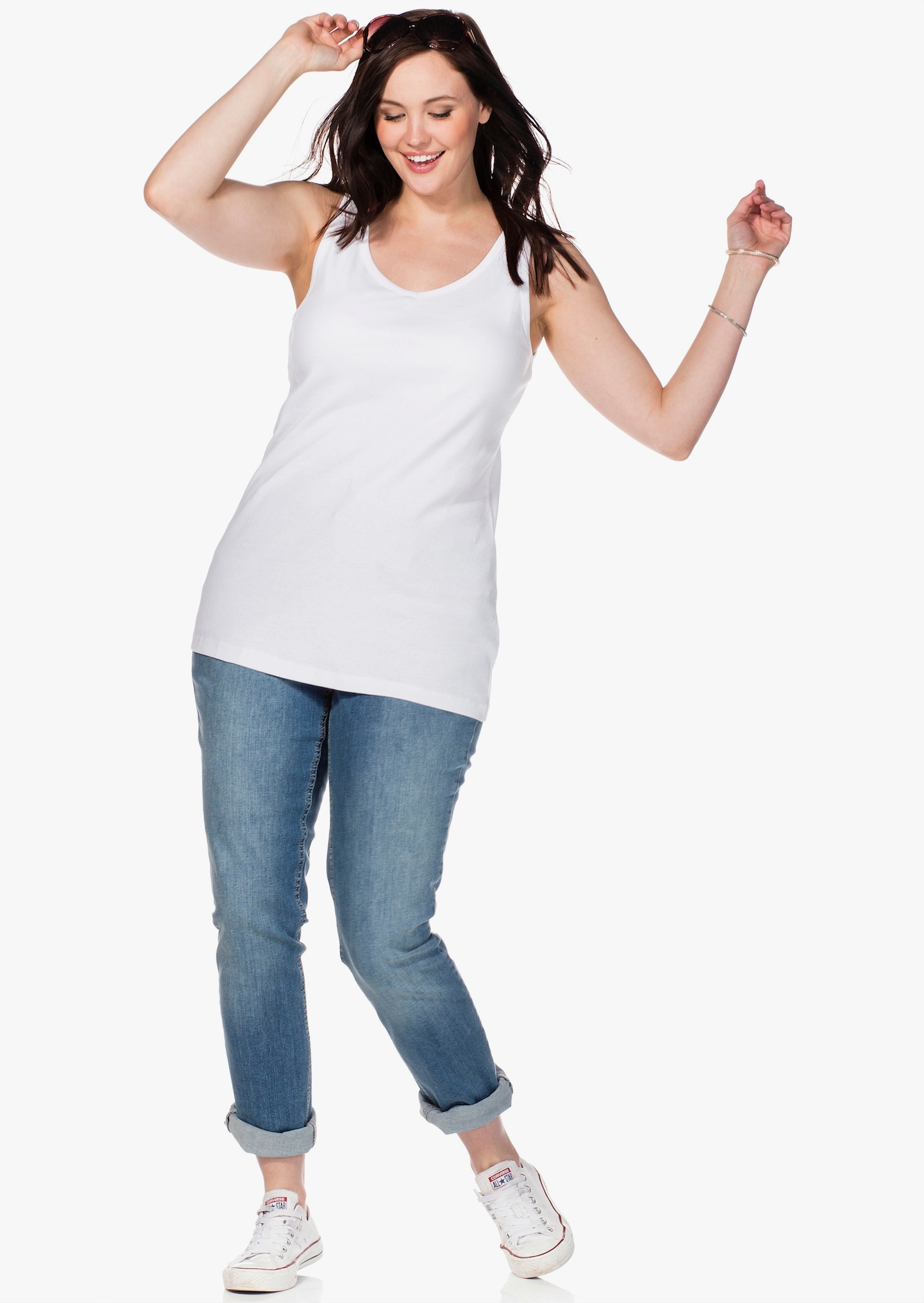 sheego Lange top met wijde hals, ribmateriaal - wit