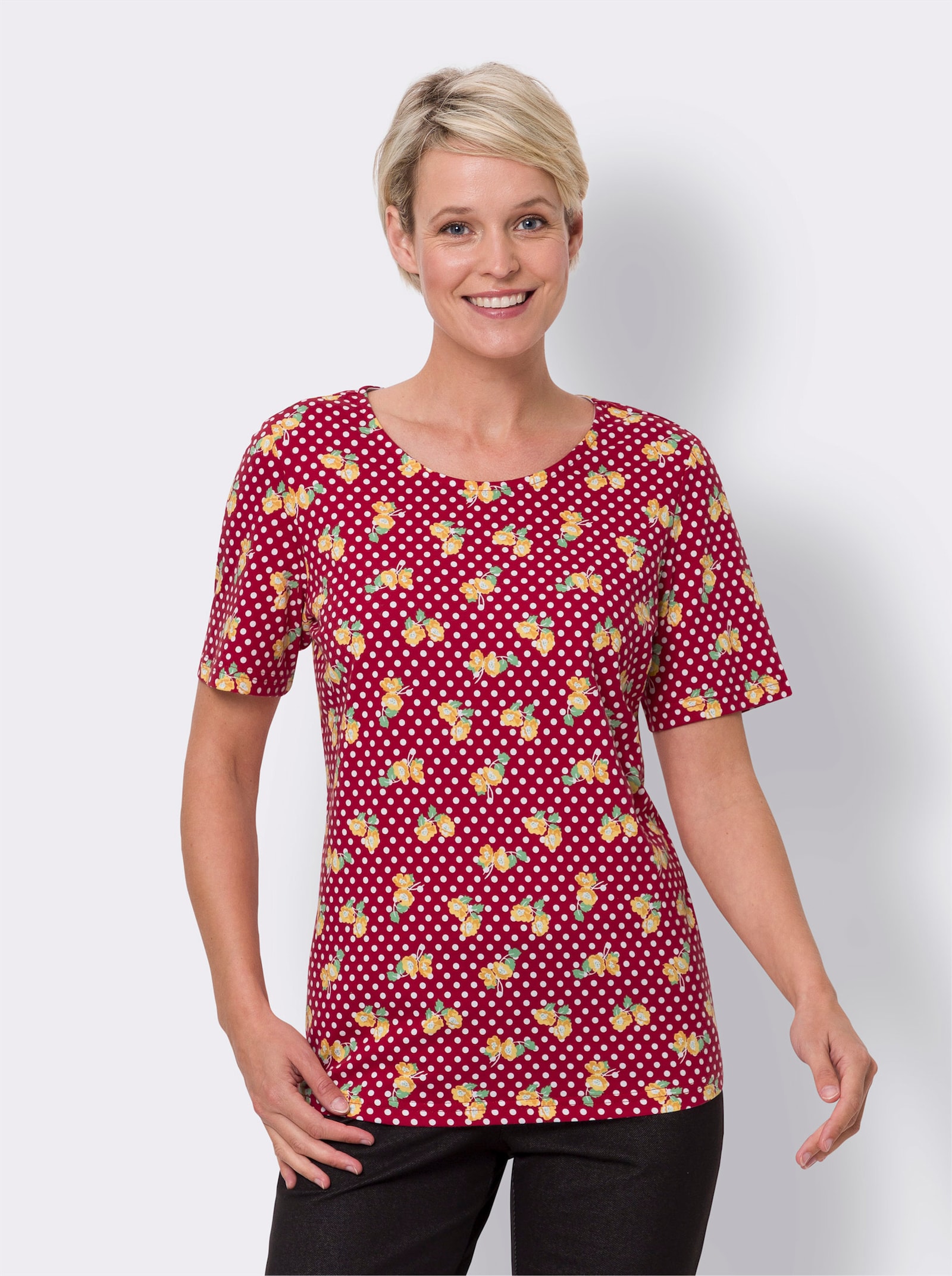 Kurzarmshirt aus reiner Baumwolle - rot-gelb-bedruckt