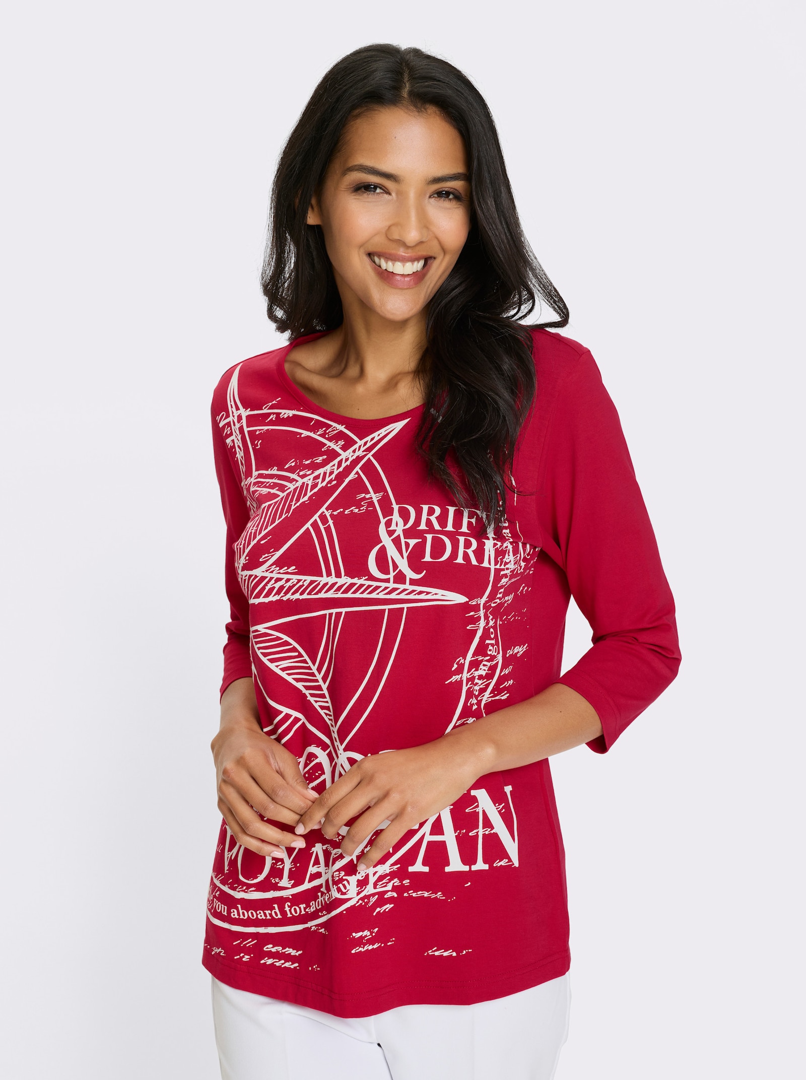 3/4-Arm-Shirt mit platziertem Print vorne - rot-weiss