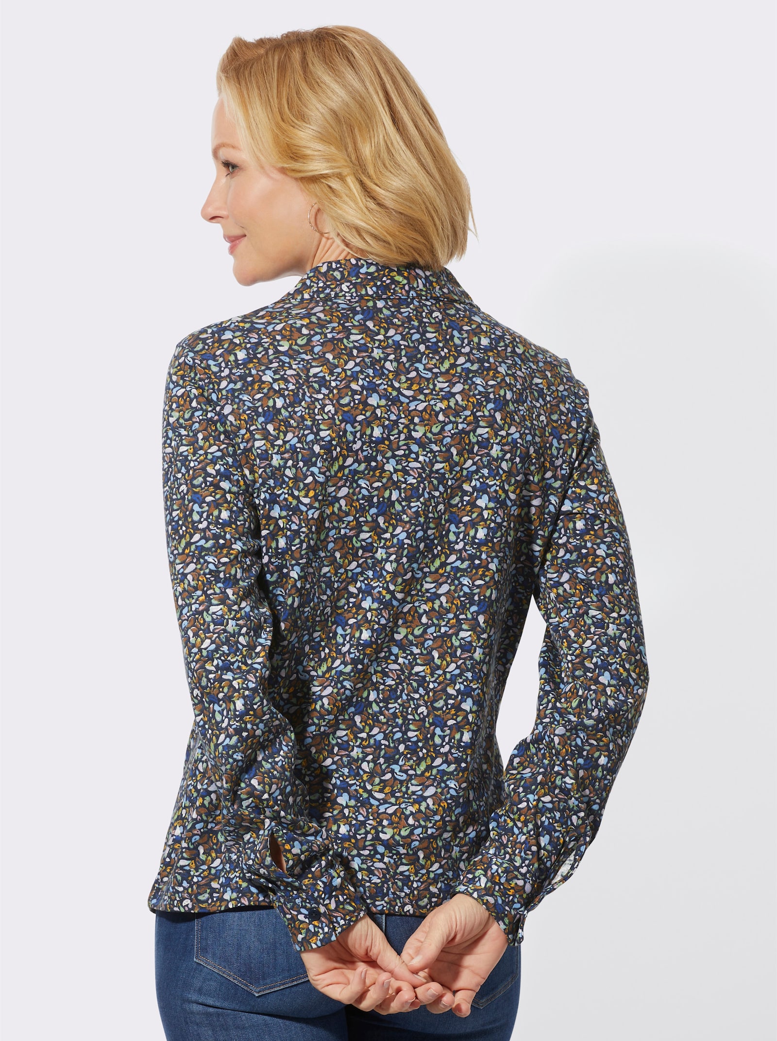 Žerzejová halenka z tvarově stálého materiálu - námořnická modrá-starorůžová-potisk