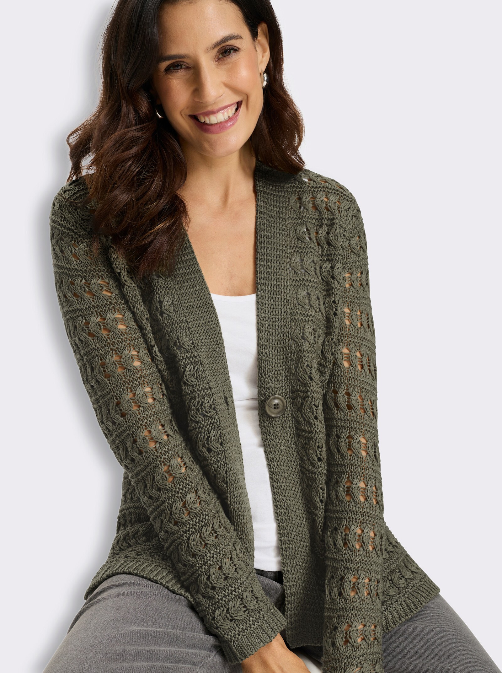 Ajourstrickjacke aus Bändchengarn - khaki