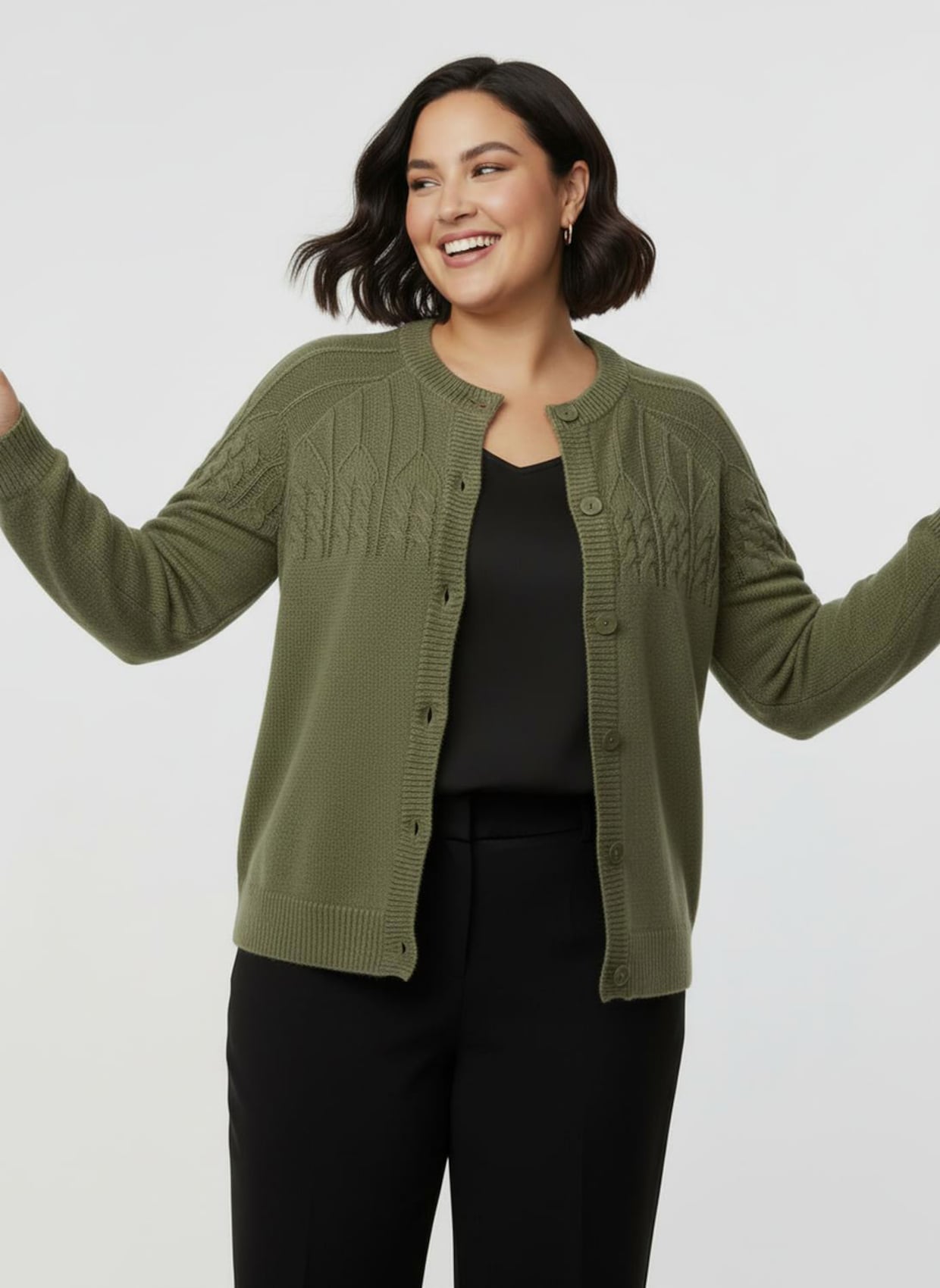 Strickjacke mit Raglan-Ärmeln - oliv-meliert