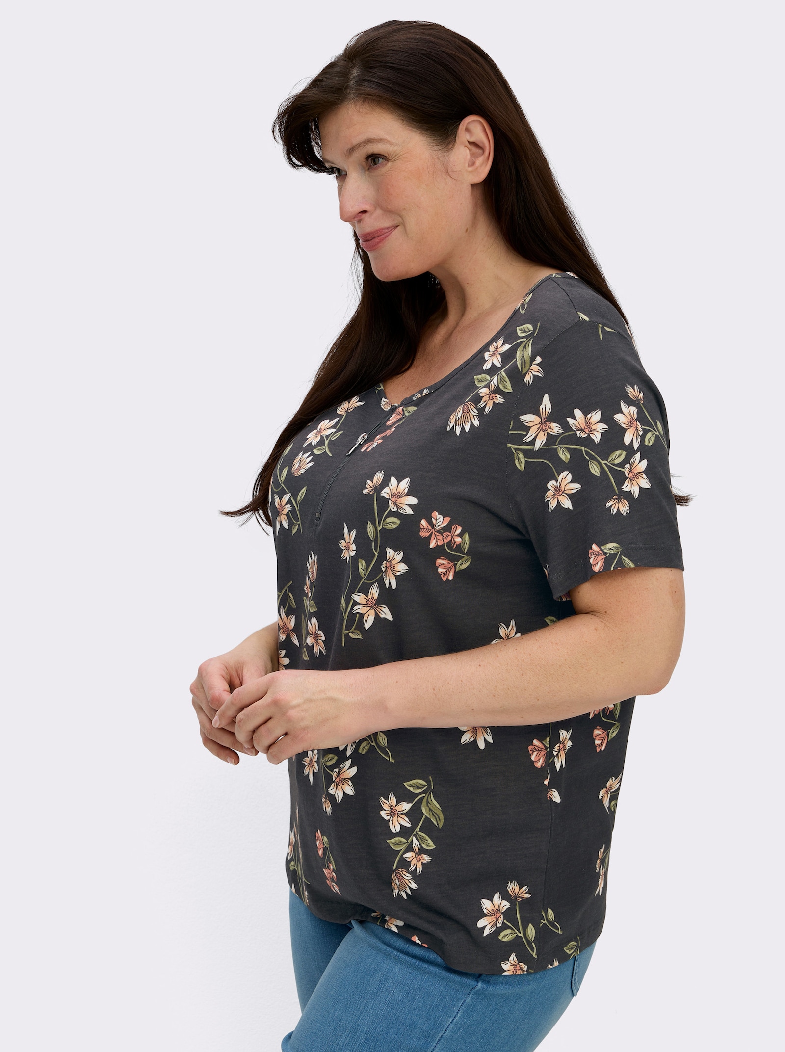 Kurzarmshirt mit Reißverschluss am Ausschnitt - schwarz-ecru-bedruckt