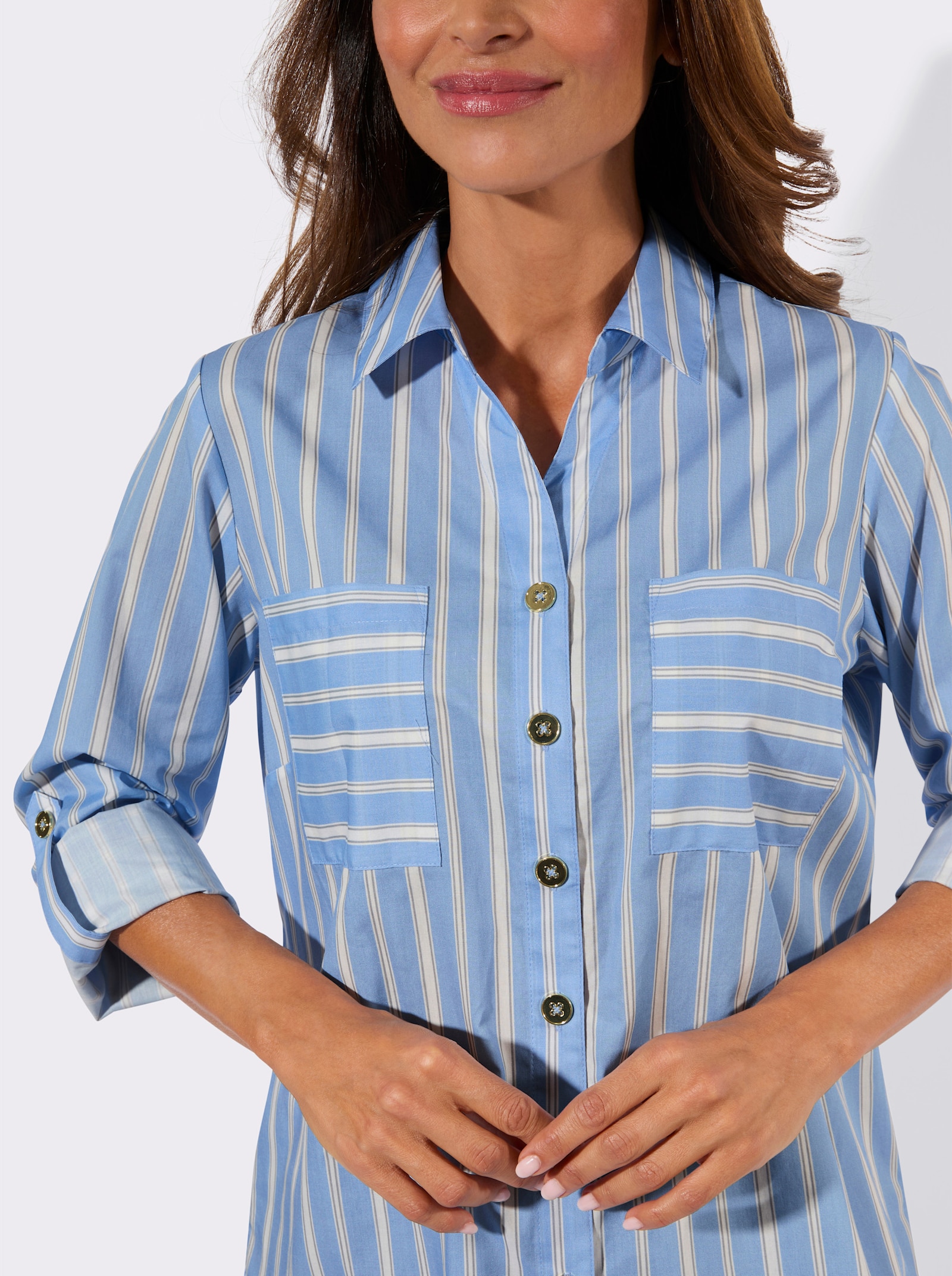Hemdbluse mit Krempelärmeln - himmelblau-ecru-gestreift