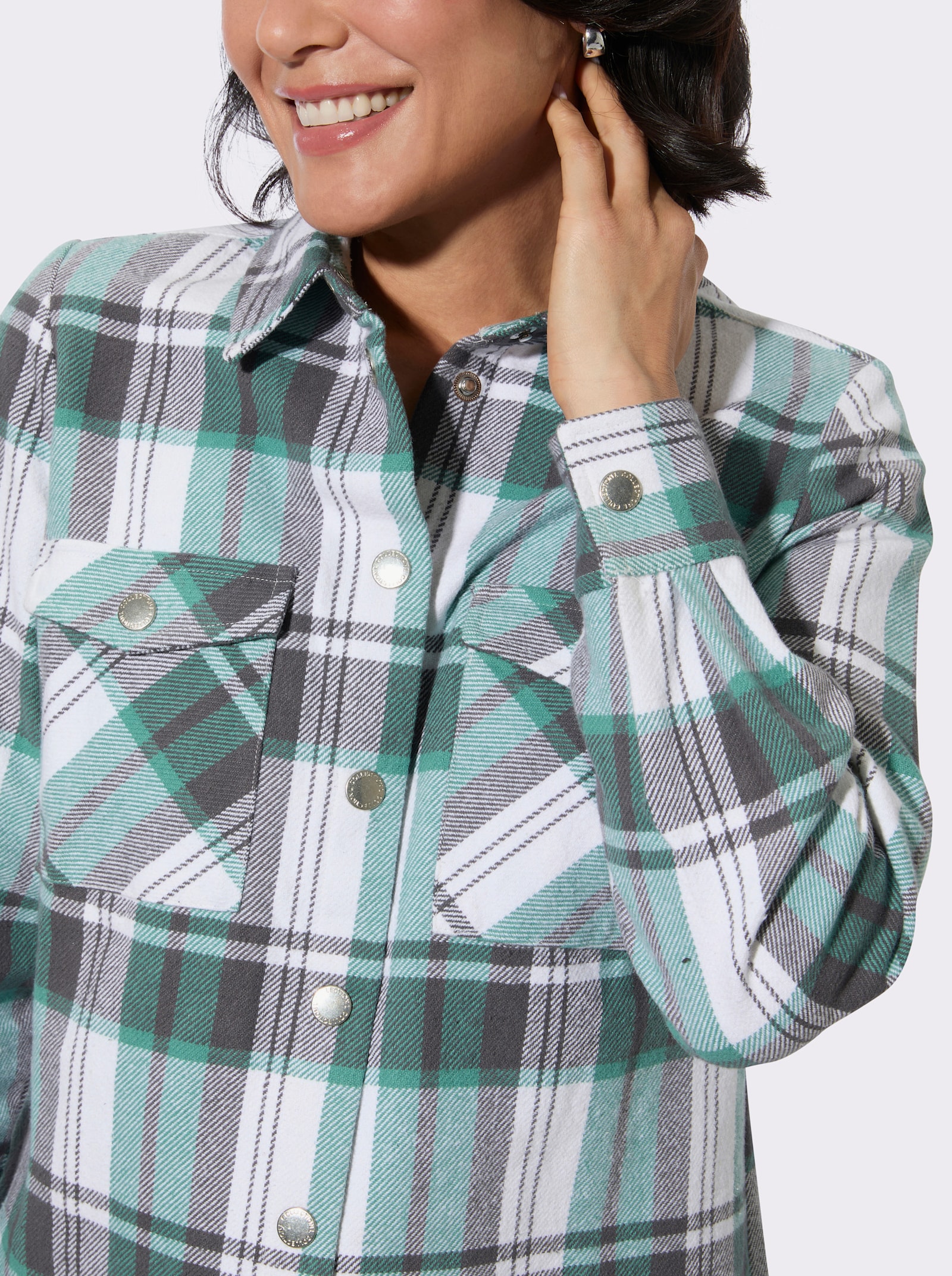 Flanellbluse im Karomuster - salbei-anthrazit-kariert