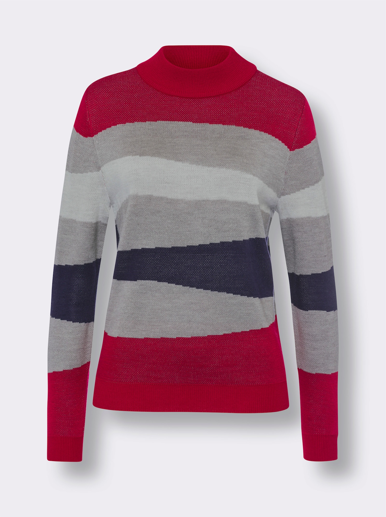 Stehkragenpullover in Jacquard-Strick - grau-meliert-rot-gemustert