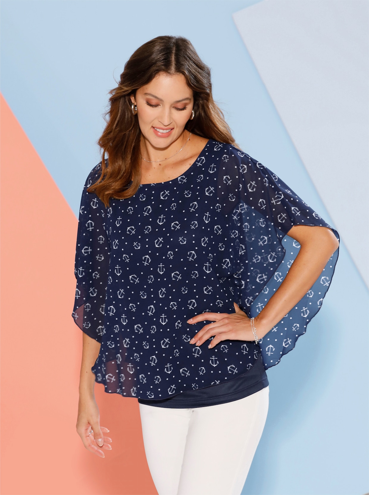 Georgetteblouse - marine/wit geprint