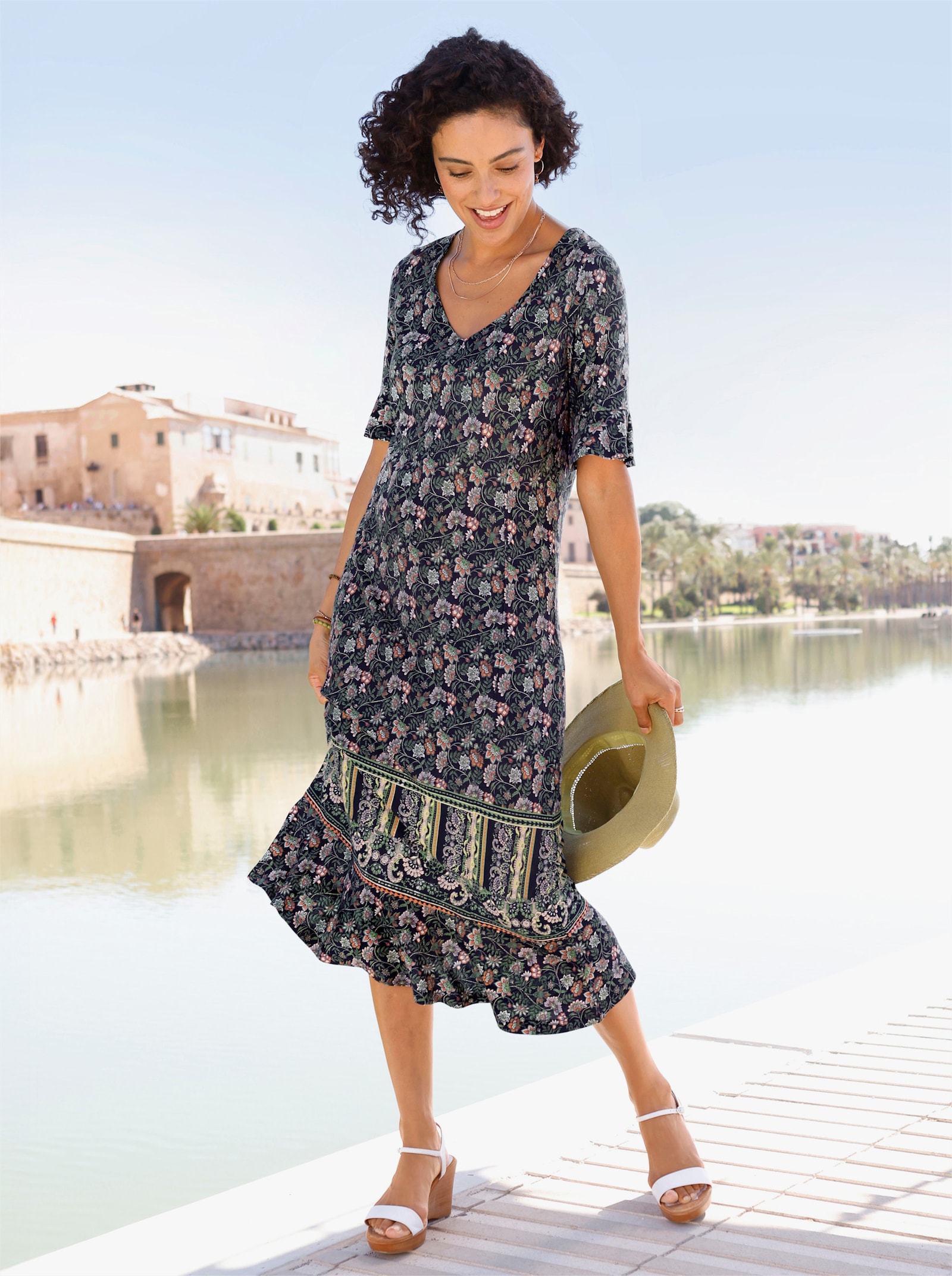 Jerseykleid mit Volants - marine-eucalyptus-bedruckt