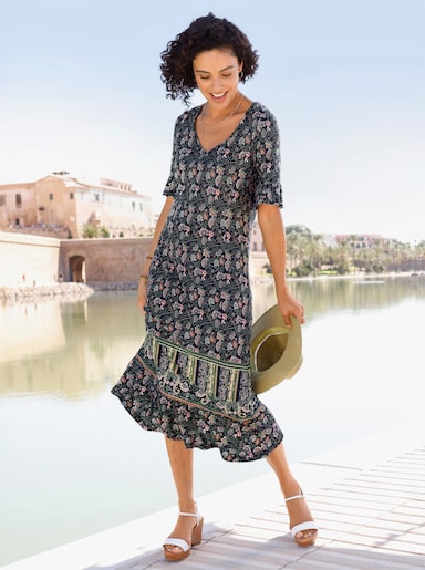 Jerseykleid - marine-eucalyptus-bedruckt