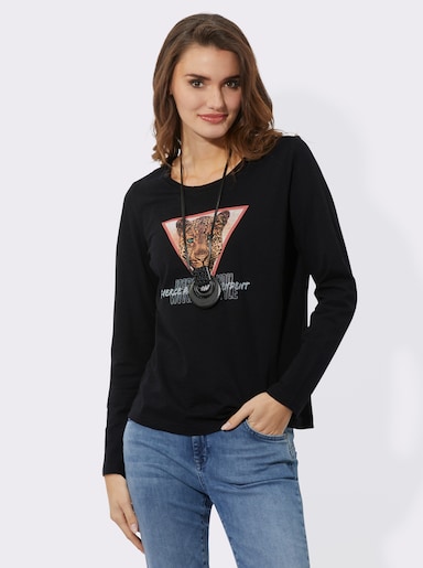 Langarmshirt aus reiner Baumwolle - schwarz-papaya