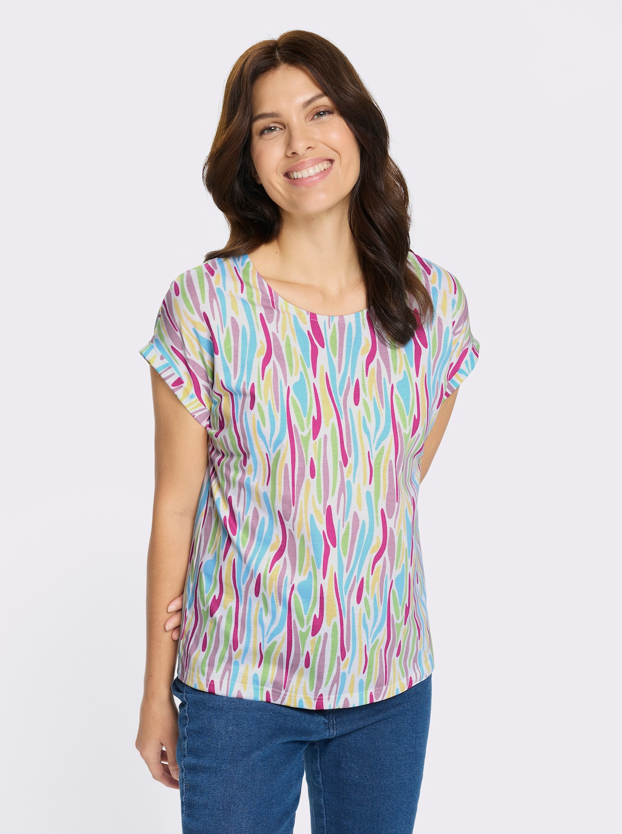 Kurzarmshirt mit Ärmelaufschlag - fuchsia-aquamarin-bedruckt