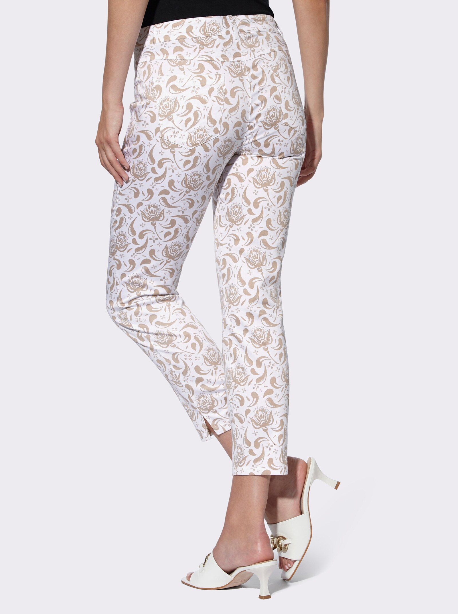 heine Broek met print en zijsplitten - beige/wit geprint