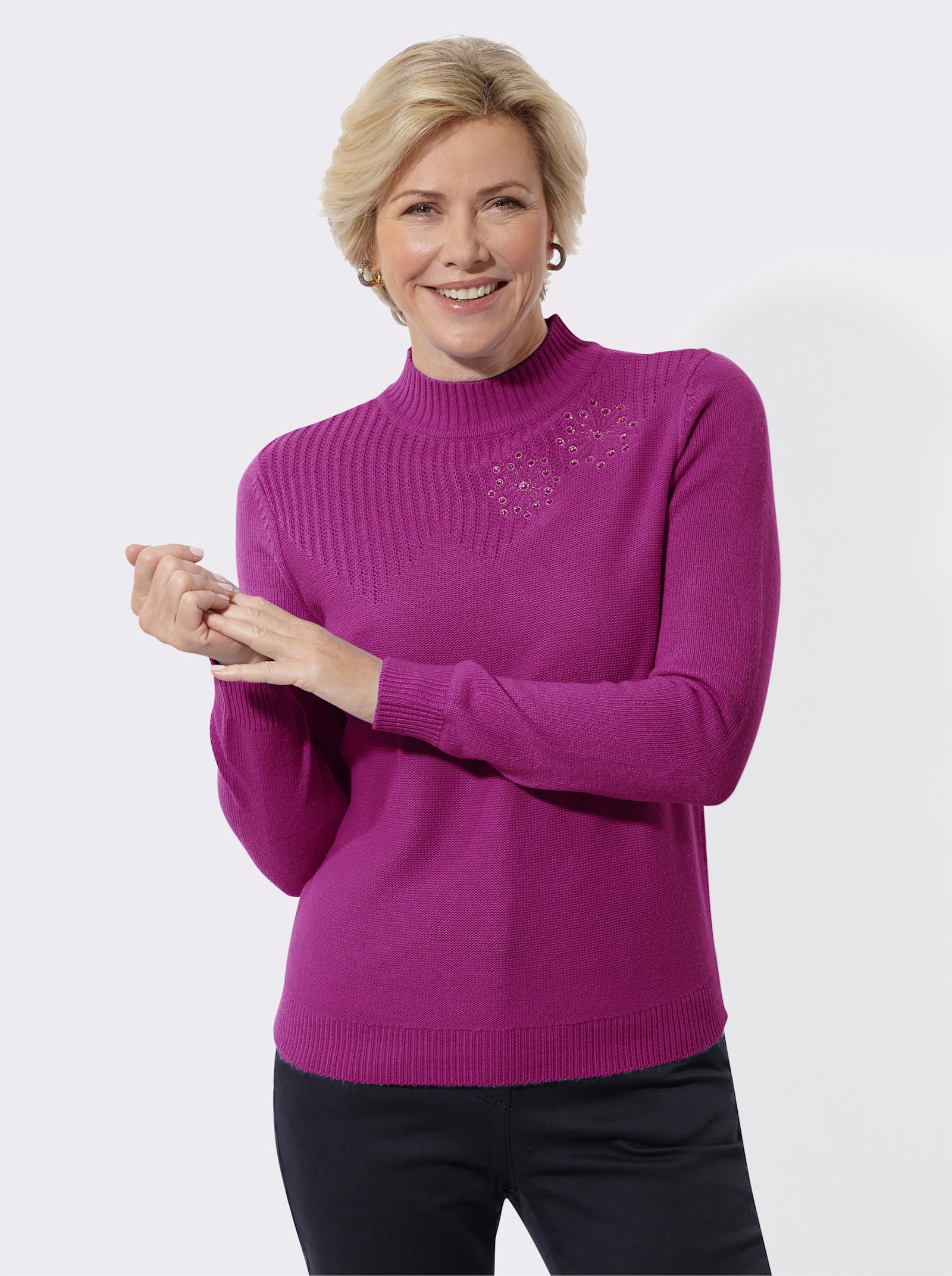 Stehkragenpullover mit Blütenstickerei - magenta