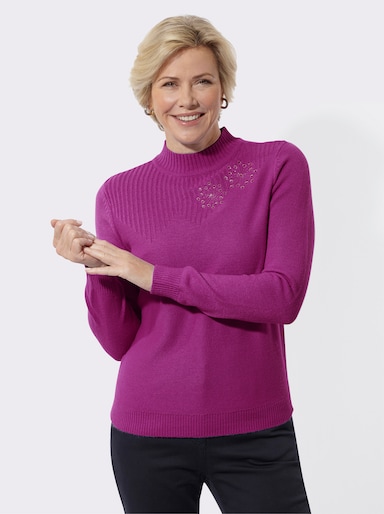 Stehkragenpullover mit Blütenstickerei - magenta