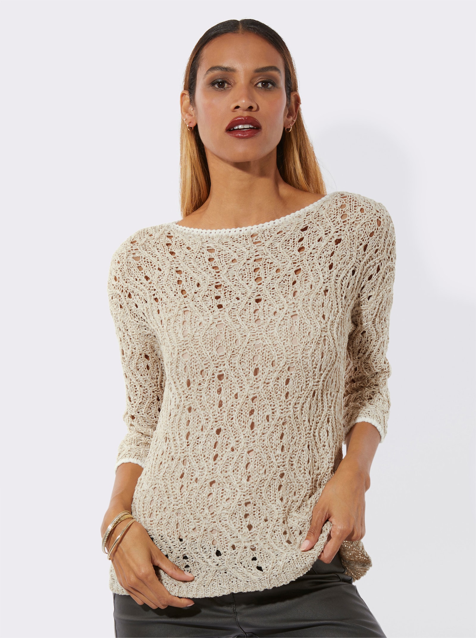 Pull ajouré avec encolure en U - sable-écru