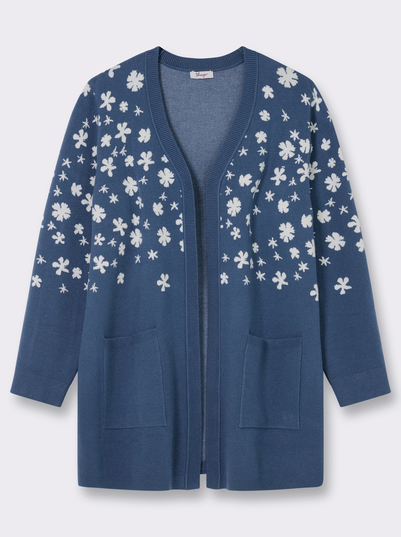 sheego Longstrickjacke mit Jacquard-Blüten - rauchblau-weiß-gemustert