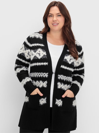 sheego Longstrickjacke mit Intarsienmuster - schwarz-gemustert