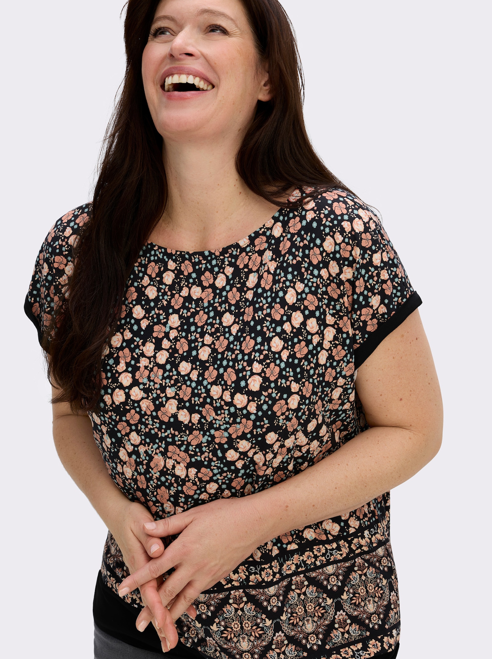 Kurzarmshirt mit Bindeband am Saum - papaya-schwarz-bedruckt