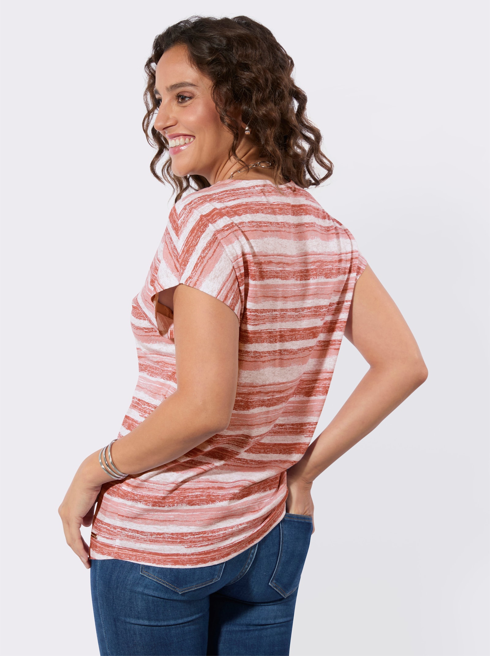 Print-Shirt im Ringel-Dessin - ecru-puder-bedruckt