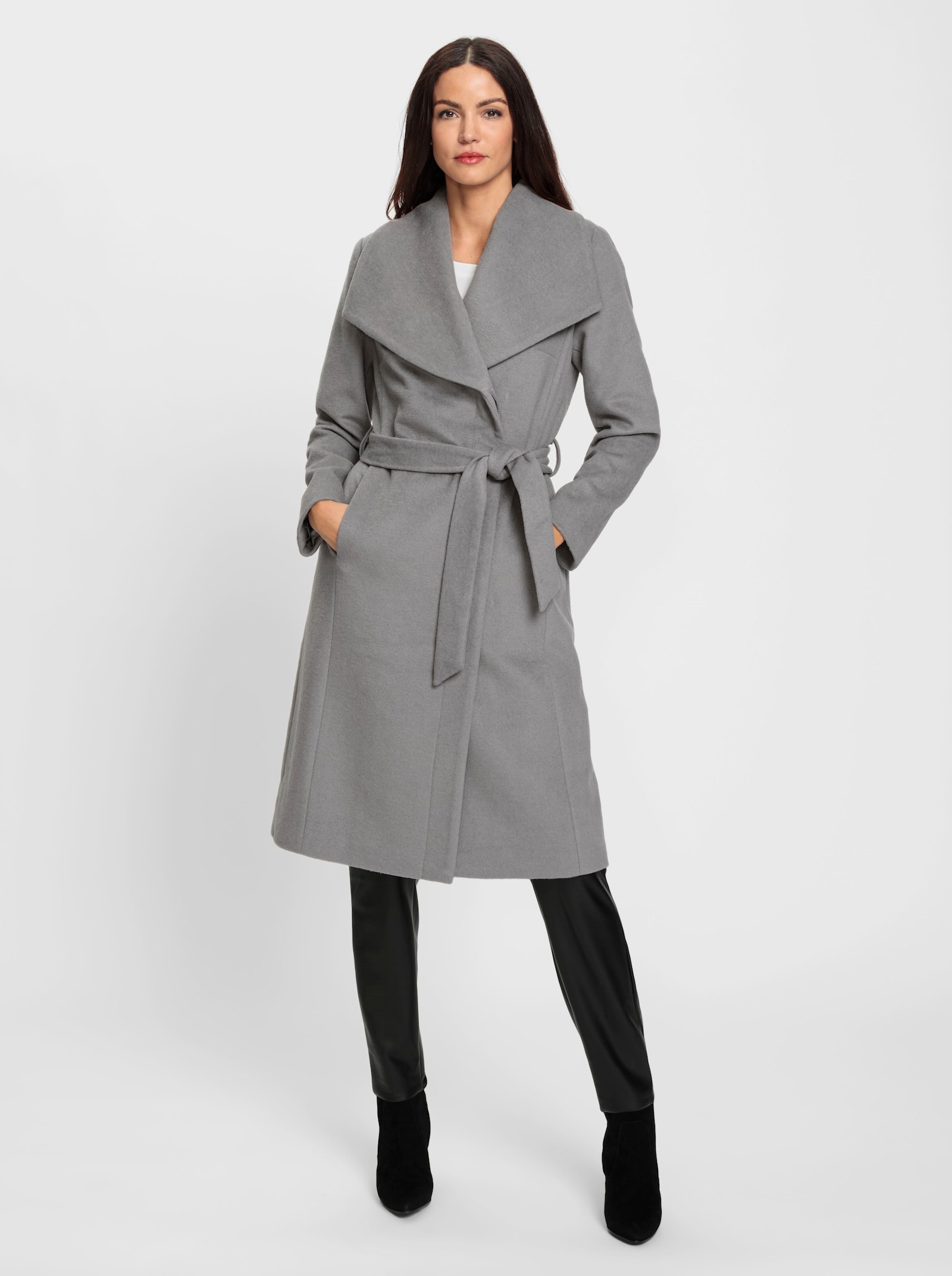 heine Wintermantel met bindceintuur - grijs