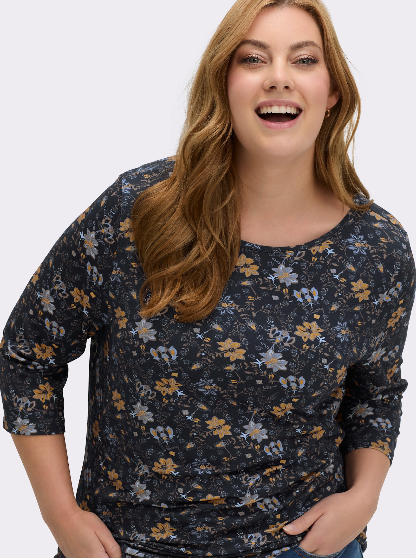 Print-Shirt mit U-Boot-Ausschnitt - marine-ocker-bedruckt