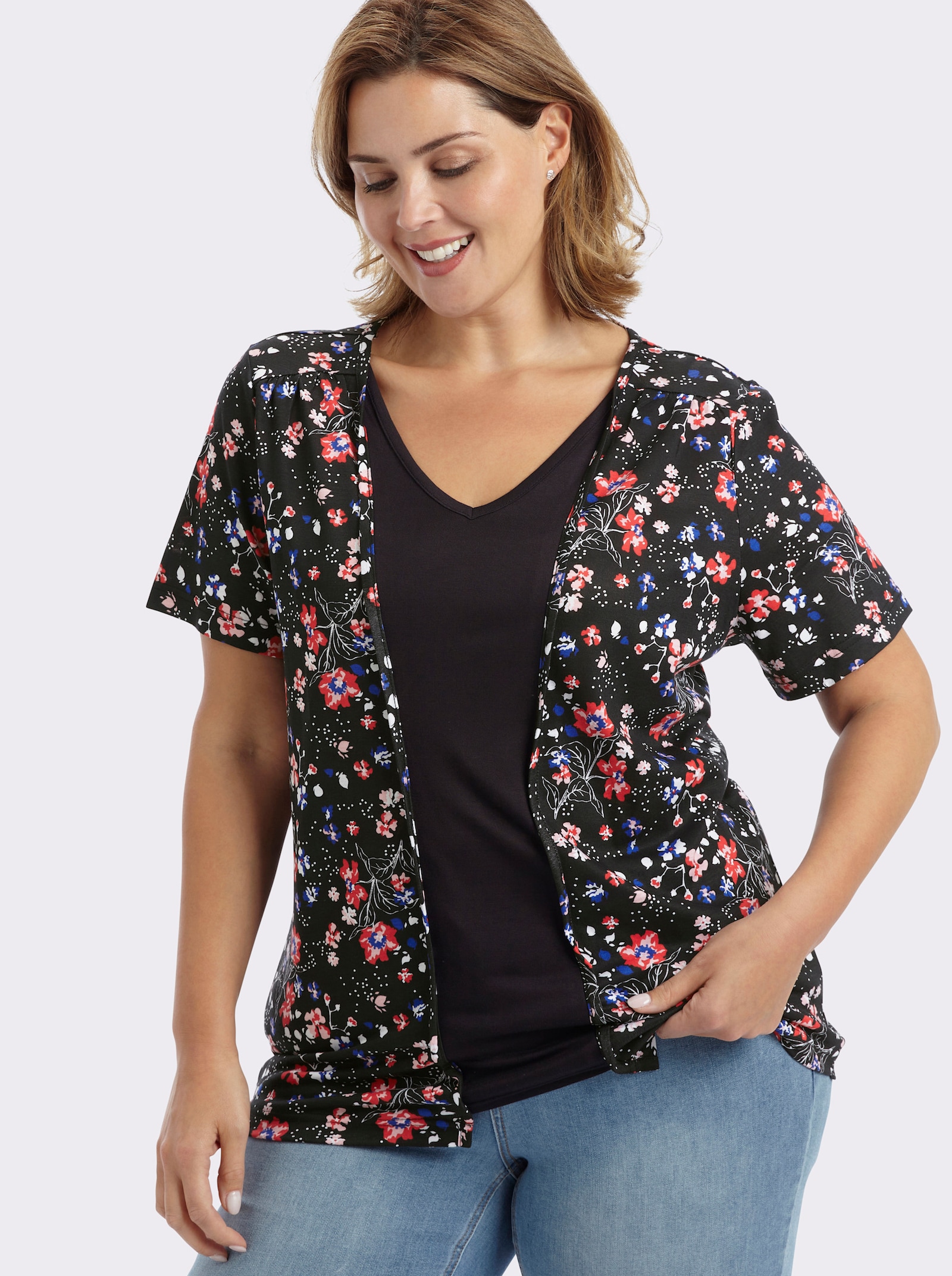 2-in-1-Shirt in längerer Form, reine Viskose - schwarz-erdbeere-bedruckt